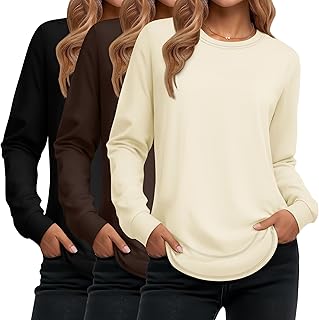 Paquete de 3 camisetas largas sin botones y de manga larga para mujer, estilo casual, cuello redondo, ajuste holgado, con dobladillo curvado, a la moda