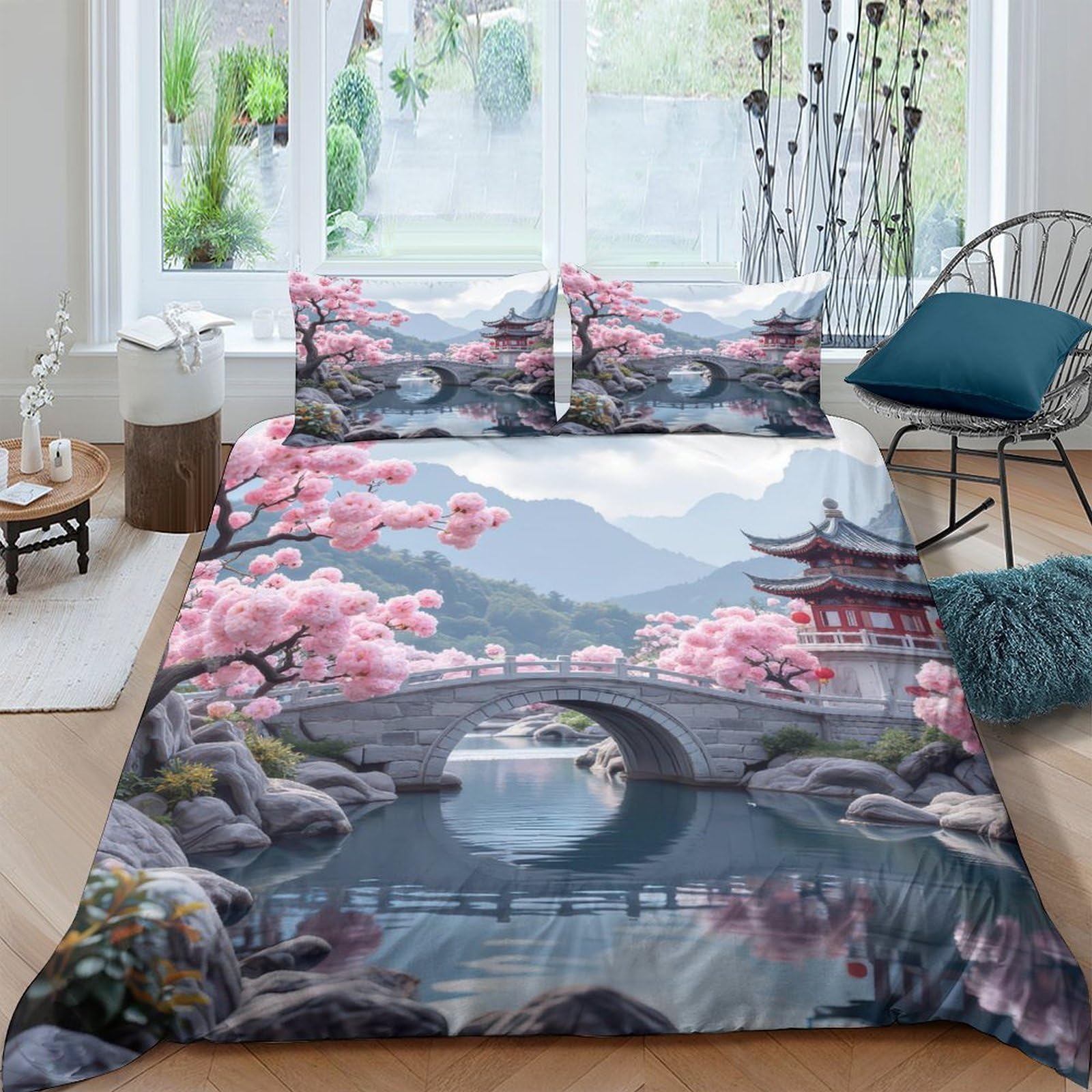 Ctjqhvkz Style-2 3D Printed Sakura Bridge Fitted Sheet Microfiber Japanese Landscape Bed Cover Machine Washable Bedroom Decor Single（135X200cm）