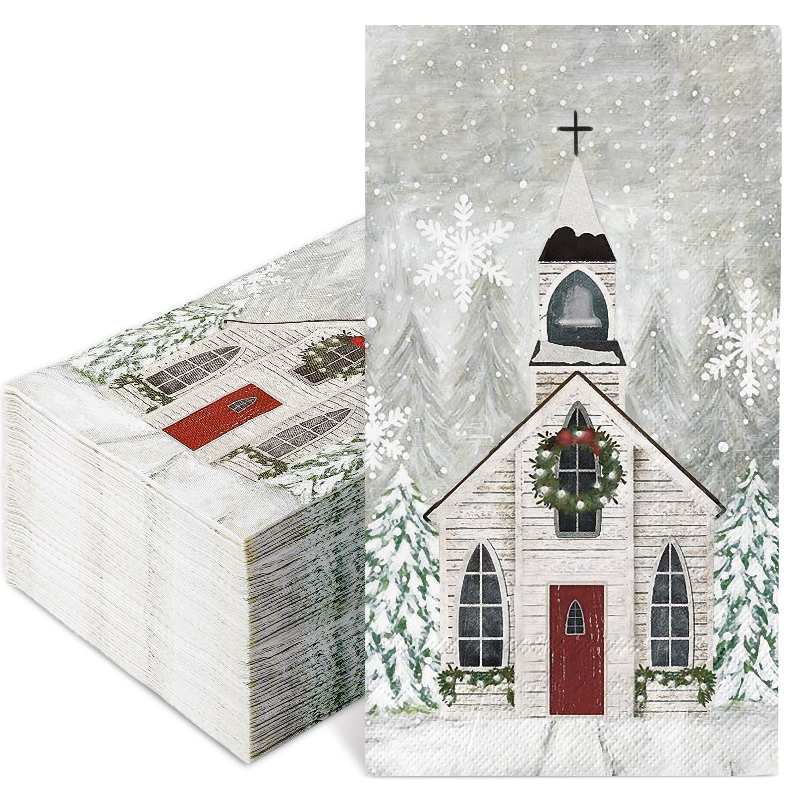 JarThenaAMCS 100Pcs Christmas Guest Napkins Disposable Snow Church Xmas Tree Paper Napkins Dinner Hand Napkin For Winter Party Supplies Table Decor