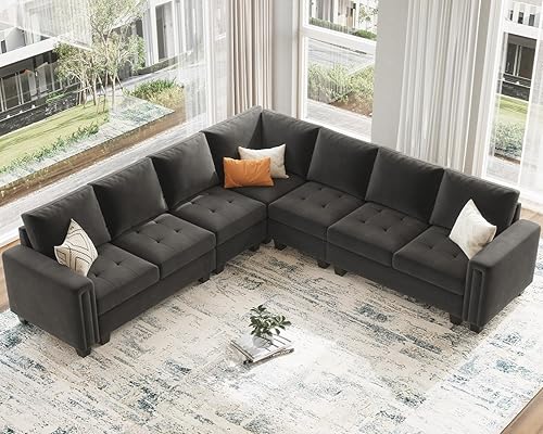 Miniatura 3 de Belffin Sofá modular de terciopelo en forma de L, sofá seccional convertible de gran tamaño con diván reversible para sala de estar, gris