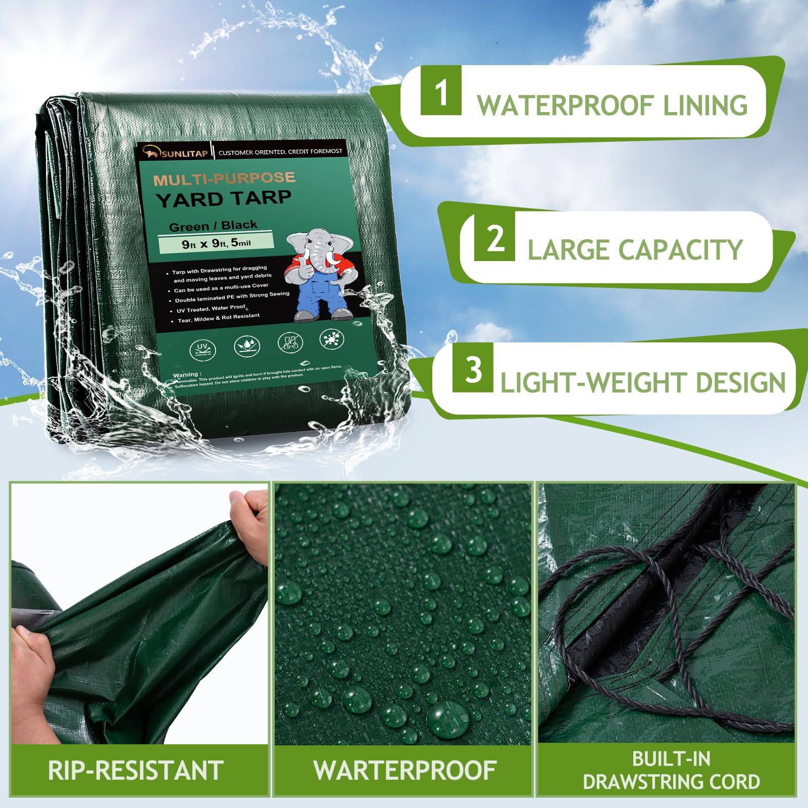 SUNLITAP Leaf Tarp 9x9 Ft, Lawn Garden Leaf Tarp with 4