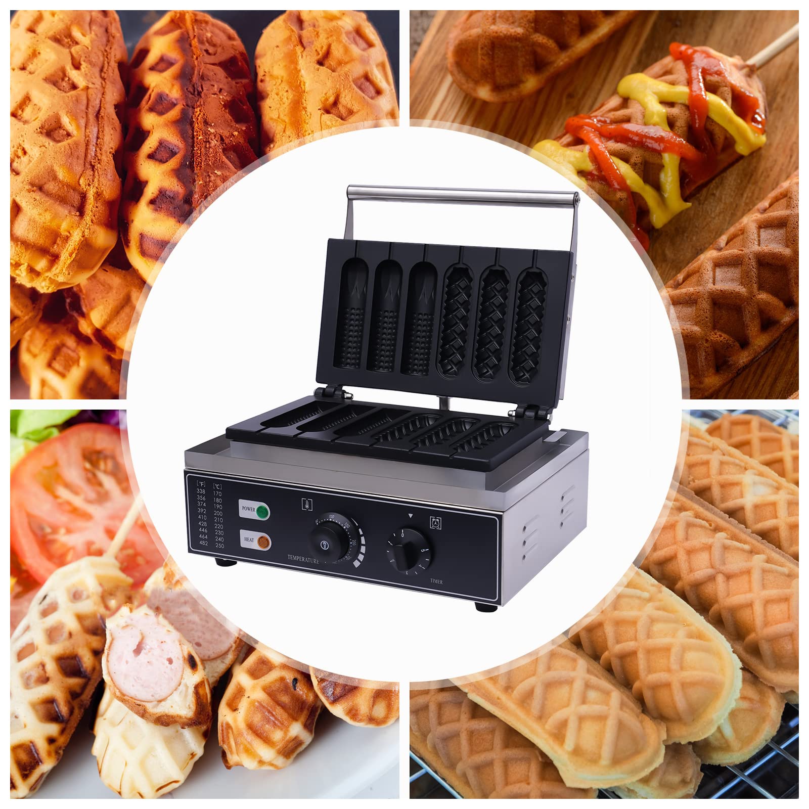Bacocoo Commercial Corn Dog Waffle Maker, 6 Molds, 1500W, Temperature Control 122-572°F, Timer, Silver