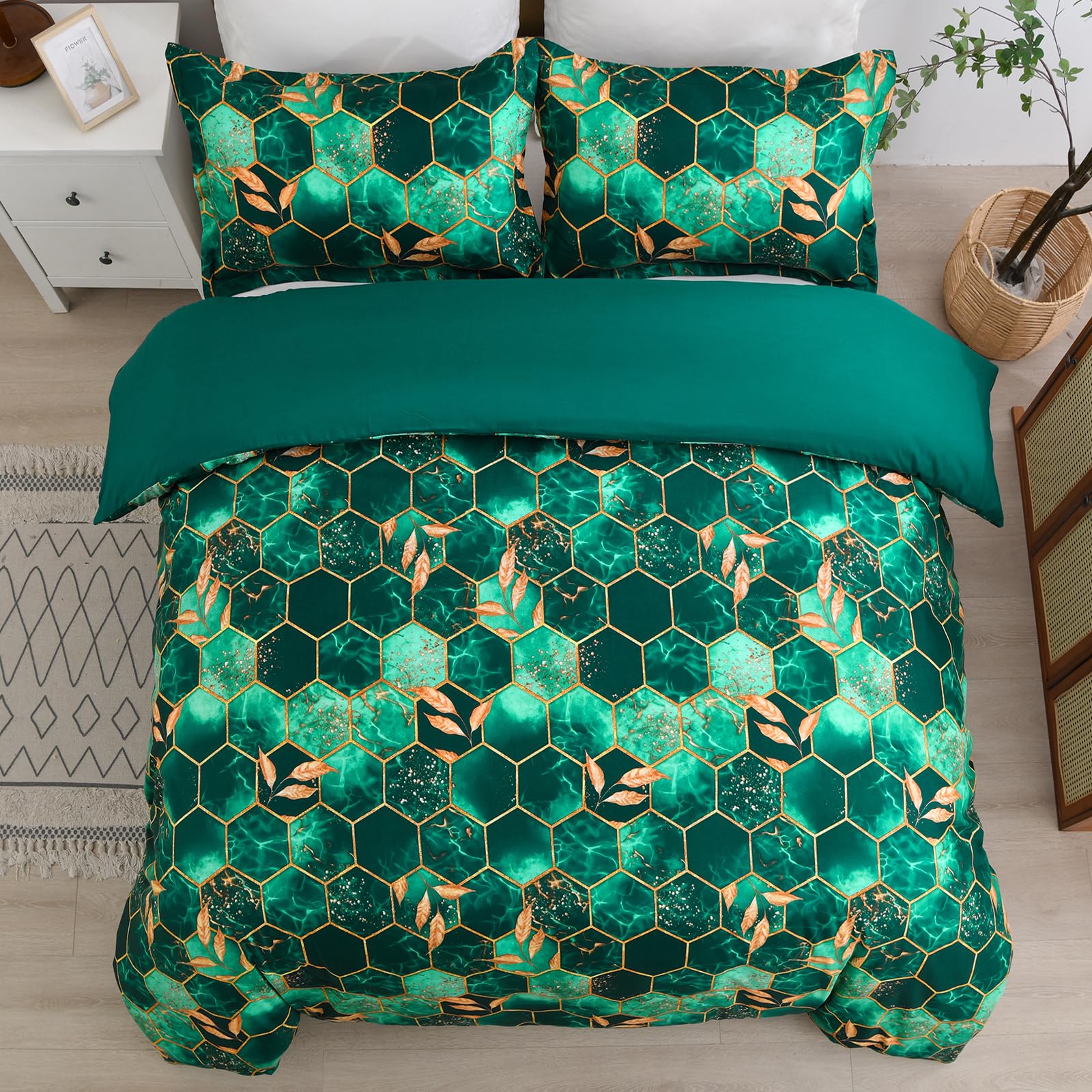 DJY Green Geometric Duvet Cover Golden Leaves Reversible Bedding Set - Image 3