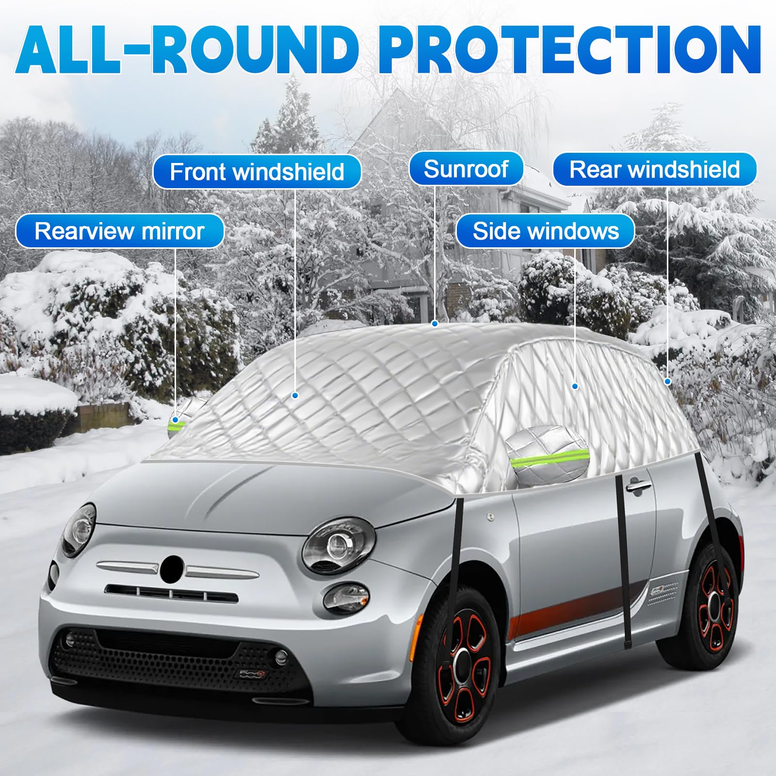 Halbe Autoabdeckung Schrägheck Universalmodell 300X150X49cm, Verdickte Halbgarage Wasserdicht Ersatz für FIAT 500/Abarth 595, für Up/Seat MII, für Picanto/Citroen C1, Anti-Hagel und Anti-Schnee