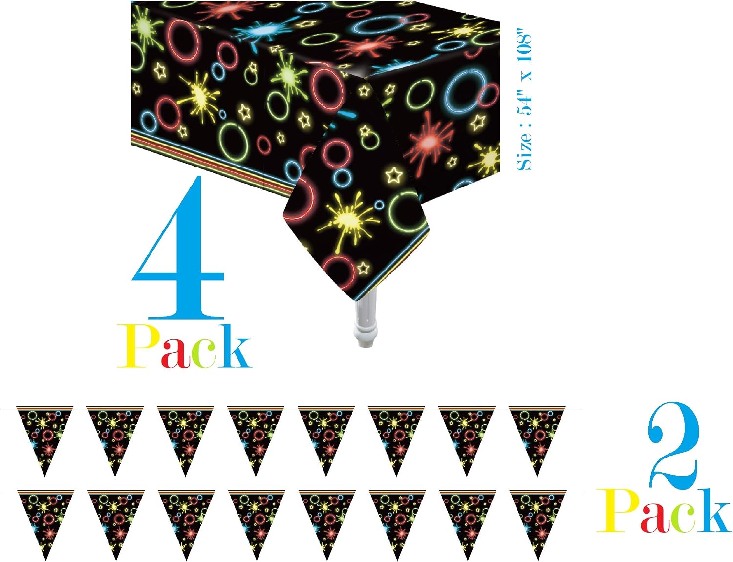 Oojami 4 Pack Glow Party Neon Plastic Table Covers Tablecloth Ideal for Glow in The Dark Parties Cosmic Theme Parties, Glow Neon Decor, Glow Theme All Over Print Size: 54" x 108"