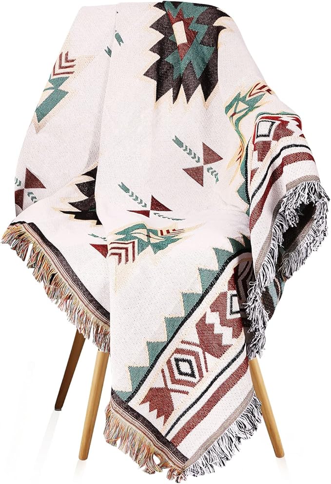 KKUYT Aztec Blanket, Oversized Boho Throw Blanket with Fringe