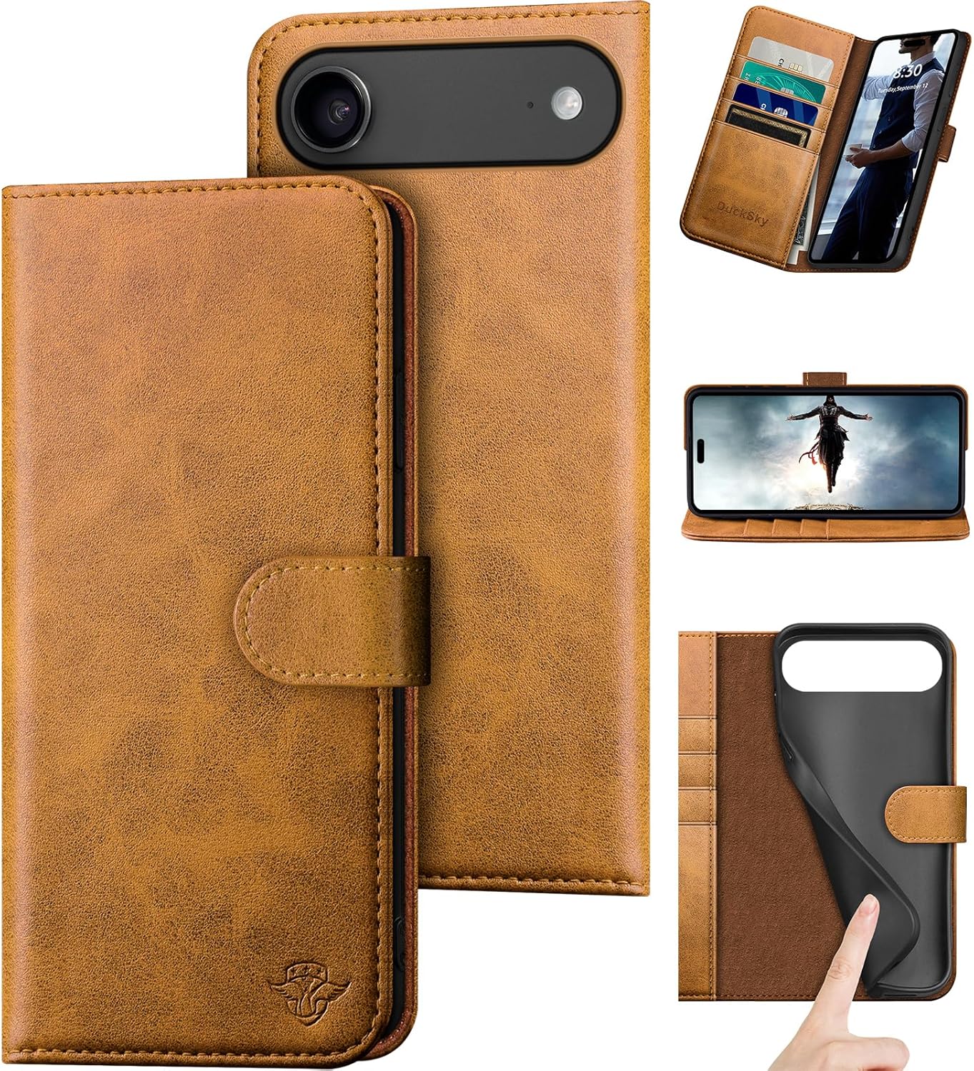 DuckSky Compatible with iPhone Air 6.5" Genuine Leather Wallet case【RFID Blocking】【4 Credit Card Holder】【Real Leather】 Flip Phone case Cover Women Men for Apple iPhone 17 Air case Khaki