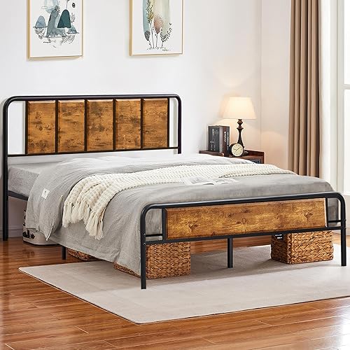 Miniatura 3 de VECELO Base de cama de plataforma Queen con cabecero y estribo de madera, soporte de listones de metal resistente 14, no necesita somier, fácil