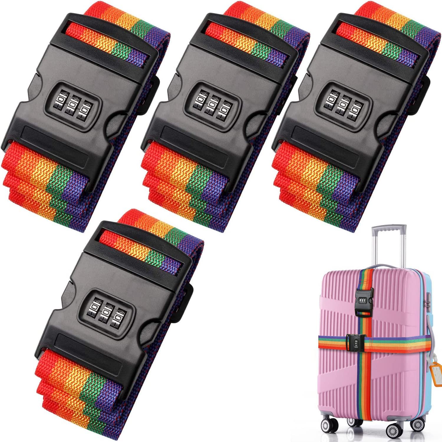 PREMIFY (Set of 4) Luggage Straps, Rainbow Color Adjustable Luggage Belt with 3-Digit Combination Lock, Heavy Duty Non-Slip Travel Baggage Strap for Suitcase Safety, 80-Inch Each Belt