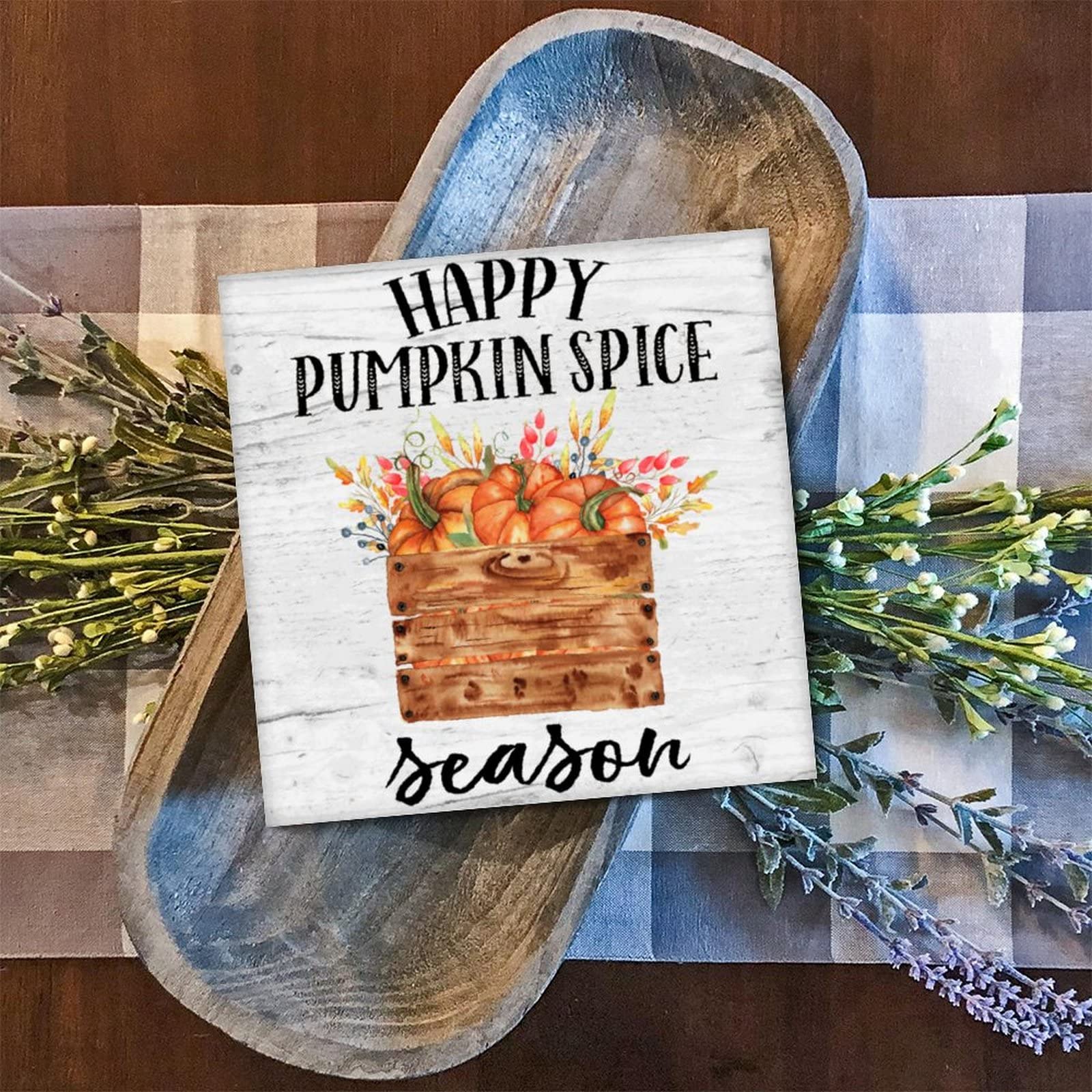 Panneau en bois Happy Pumpkin Spice Season, decoration murale antique en bois noble de 30 cm