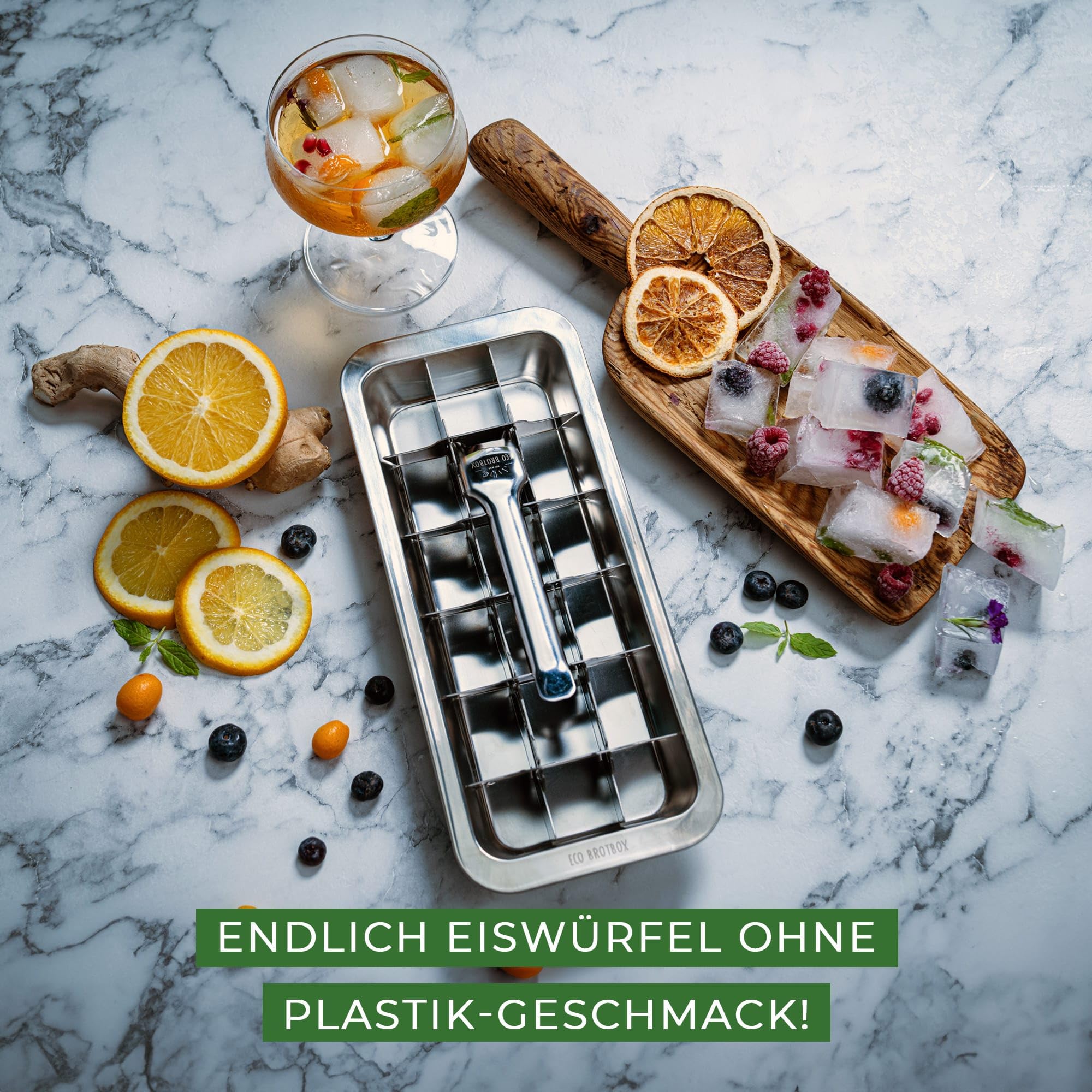 ECO Brotbox IJsblokjesvorm, plasticvrije ijsblokjesvorm van roestvrij staal, voedselveilig zonder schadelijke stoffen, vaatwasmachinebestendig, met 0,6 l vulvolume voor 18 ijsblokjes, metallic