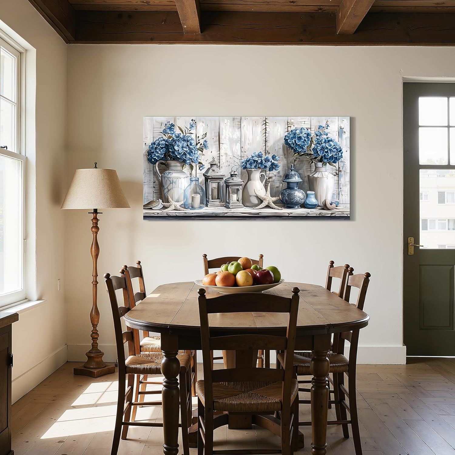 SERIMINO Floral Wall Art, Large Wall Decor, Hydrangea Wall Art, Rustic Beach House Decoration, Blue and Grey Canvas Prints, Earthy Pictures for Living Room Bedroom Mediterranean Farmhouse 24"x48" 48"L x 24"W Blue Gray Still Life