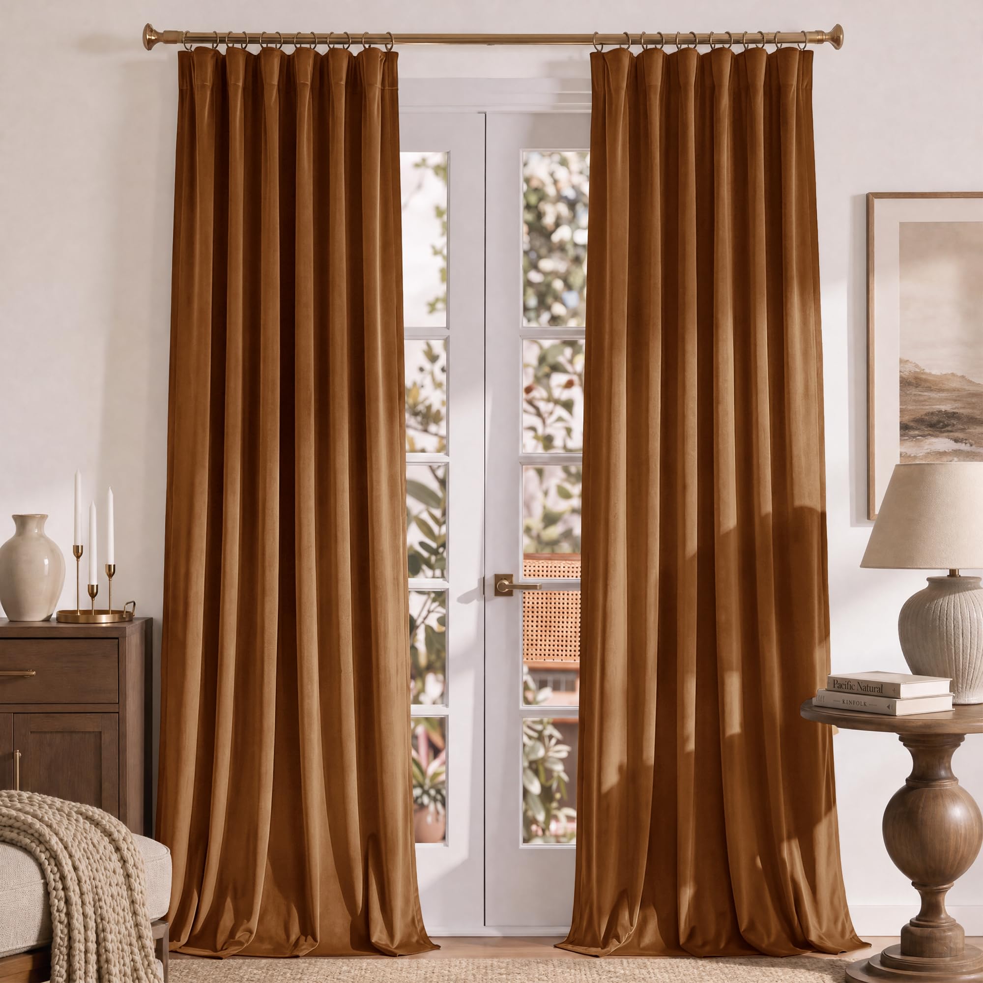 RYB HOME Burnt Orange Velvet Curtains, Fall Curtains for Living Room, Room Darkening Thermal Insulated Backdrop Warm Gold Drapes for Halloween Decor, 52" W x 90" L, 2 Panels Set