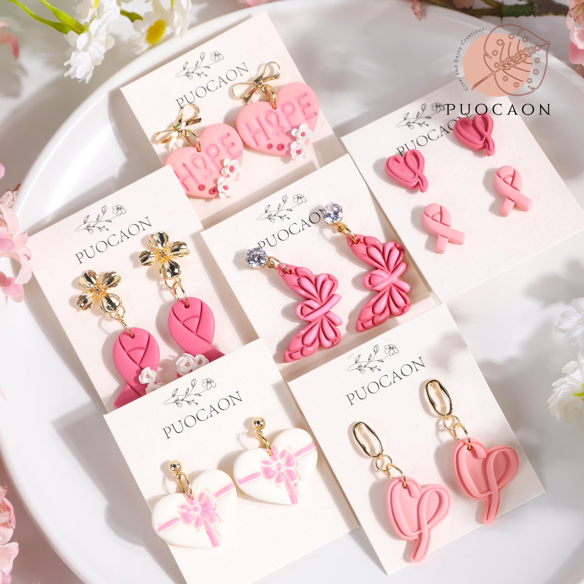 Puocaon Cancer Awareness Clay Cutters - 7 Pcs Pink Ribbon Clay Cutters for Polymer Clay Earrings, Heart Gifts Butterfly Clay Earring Cutters Survivor Group Jewelry Design