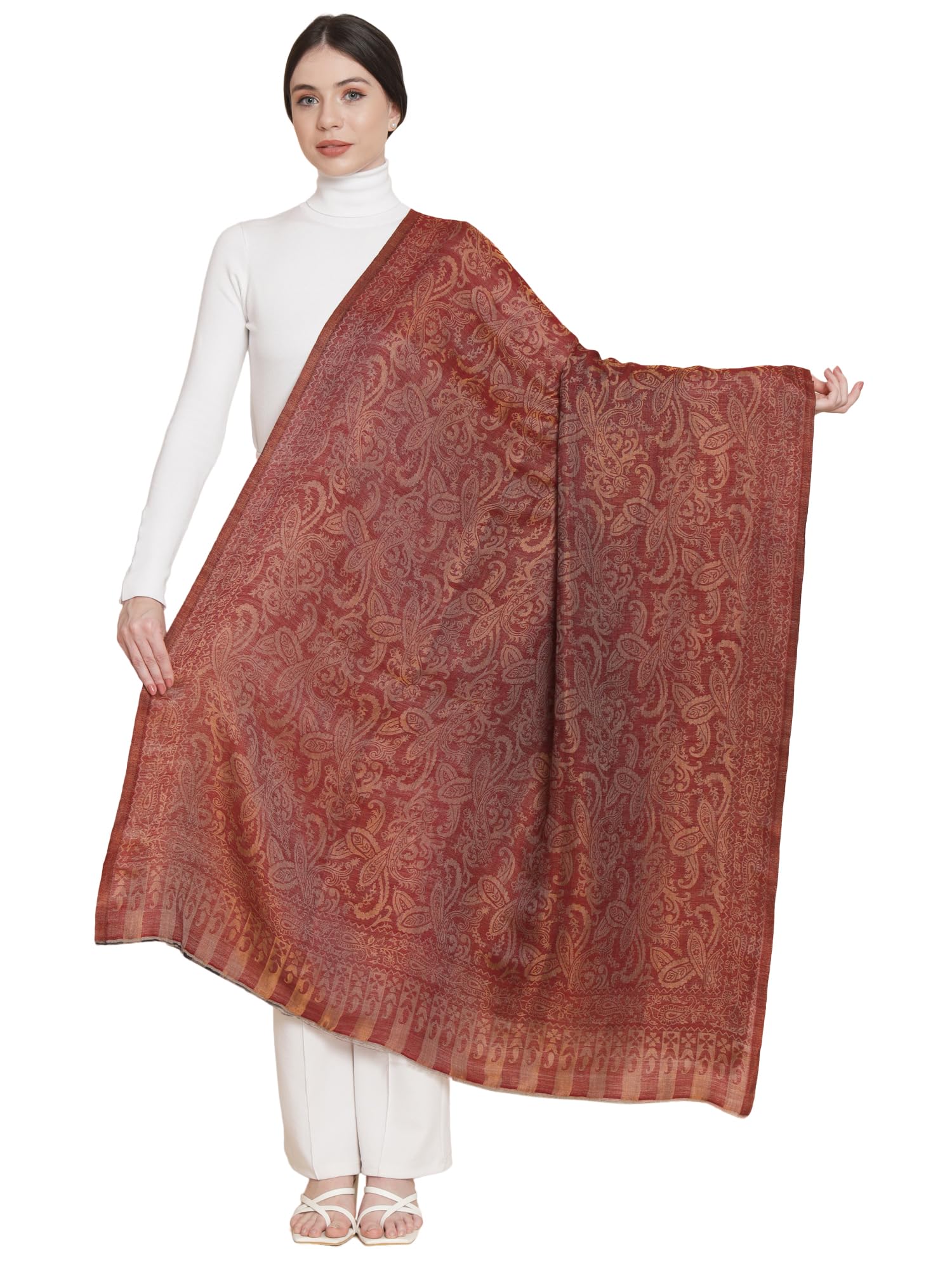 Pashtush Womens Womens, Wool Extra Fine Count, Paisley Twilight Collection, Soft Metallic Thread Woven, Maroon