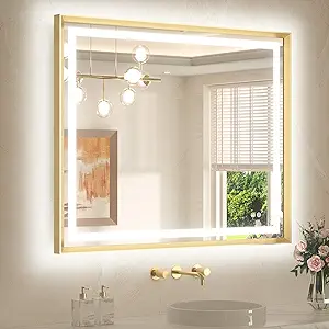 TETOTE 42 x 36 Led Mirror Brushed Gold Metal Frame Frontlit & Backlit Vanity Mirror Anti-Fog Stepless Dimmable 3 Colors White/Warm/Natural Wall Mirror with Lights Wall-Mounted