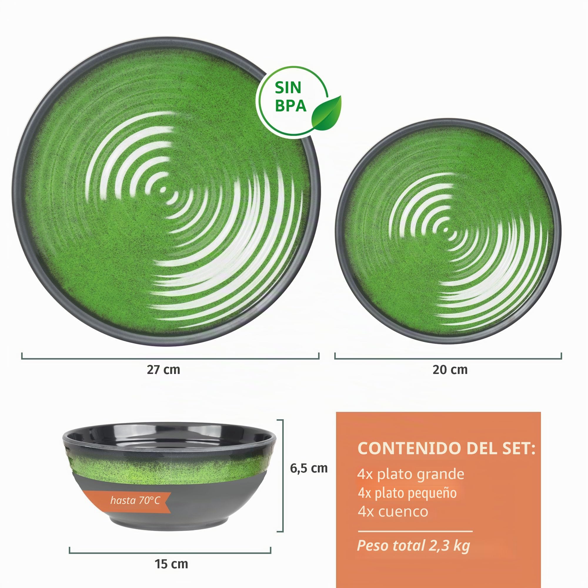 Moritz Vajilla de melamina para camping para 4 personas, 12 piezas, apta para lavavajillas, vajilla de pícnic, vajilla de camping, diseño de piedra verde