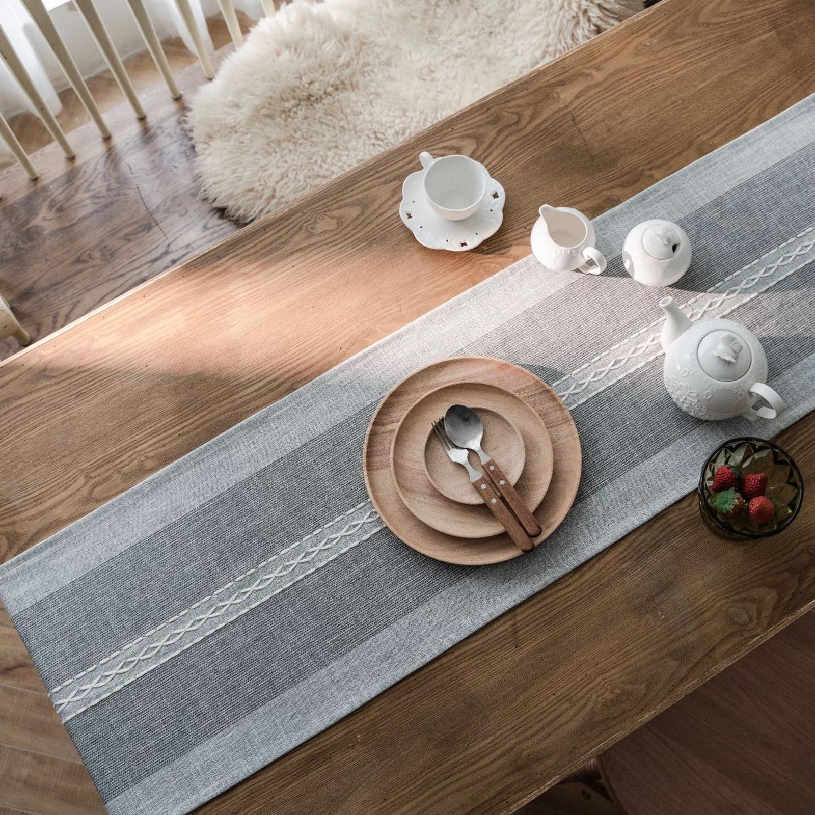 Tischläufer Hochzeit Polyester, Tischläufer Modern 33x240 cm, Zweifarbig mit Weißem Seil