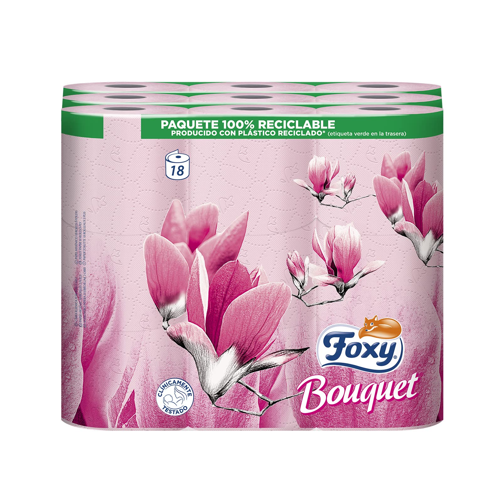 Foxy Bouquet | Papel higiénico 54 Triple rollos | Papel rosa con aroma a rosa | Certificación PEFC | 100% Energía eléctrica renovable | Paquete reciclable producido con plástico reciclado