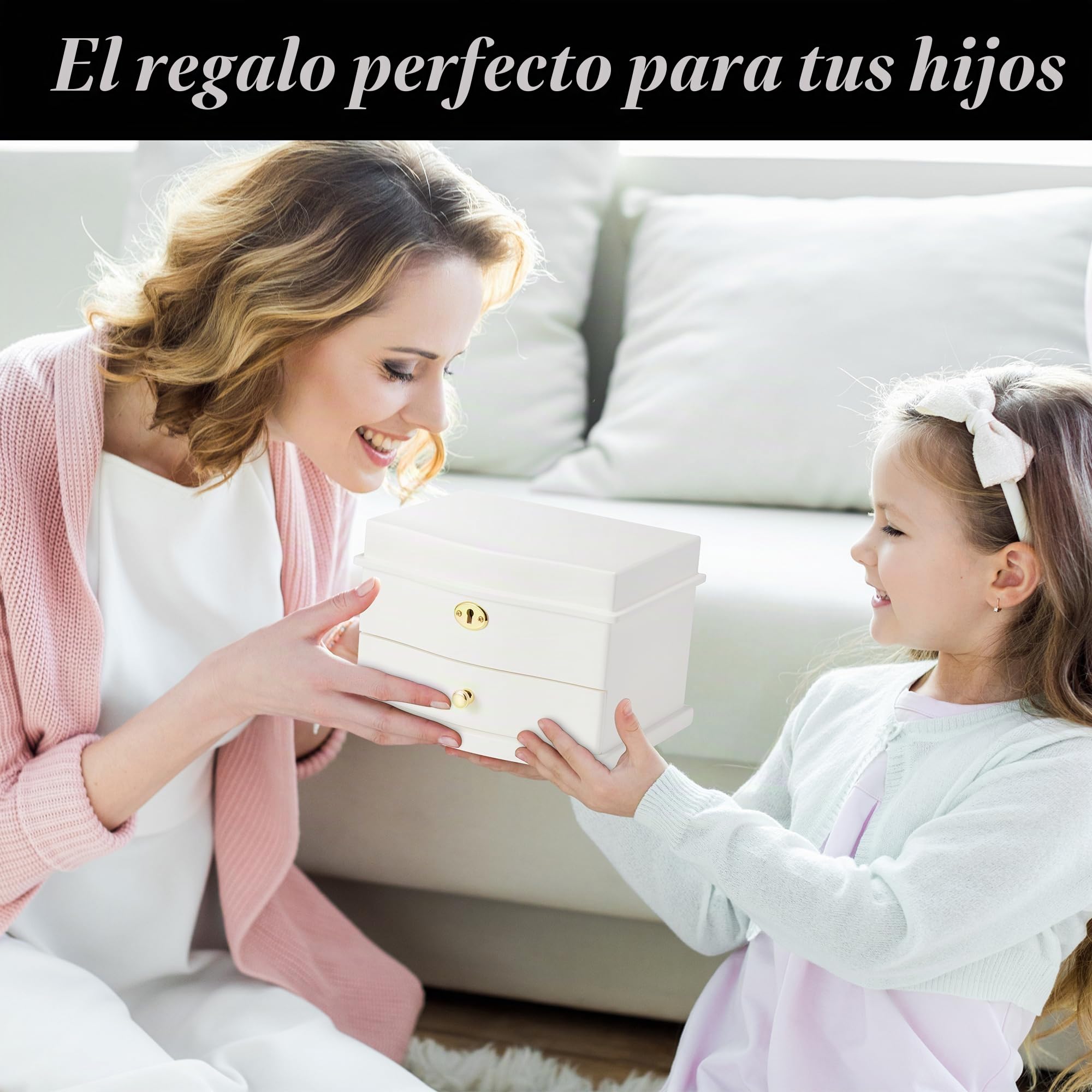 Joyero musical de bailarina con espejo para niñas, caja de música para almacenamiento de joyas para niños (blanco-L)