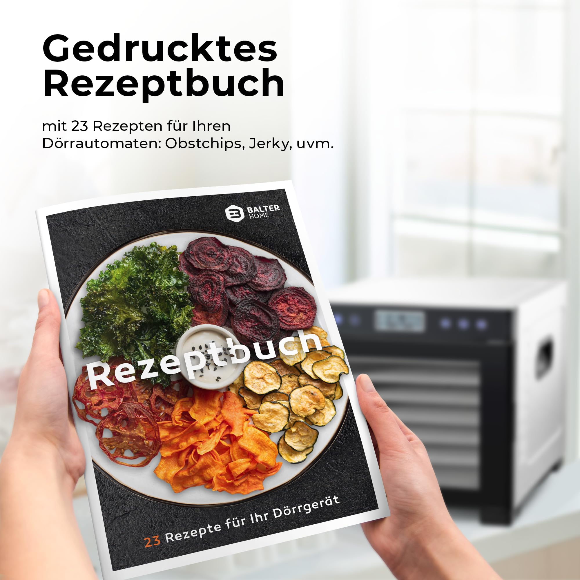 Balter Dörrautomat Edelstahl, Dörrgerät mit 7 Einlegefächern, BPA-frei, 600 W, 35°–75°C, Timer bis 48 Std, Dehydrator, Obsttrockner, Dörrapparat, Warmhaltefunktion, Obst Fleisch Pilze, Rezeptbuch