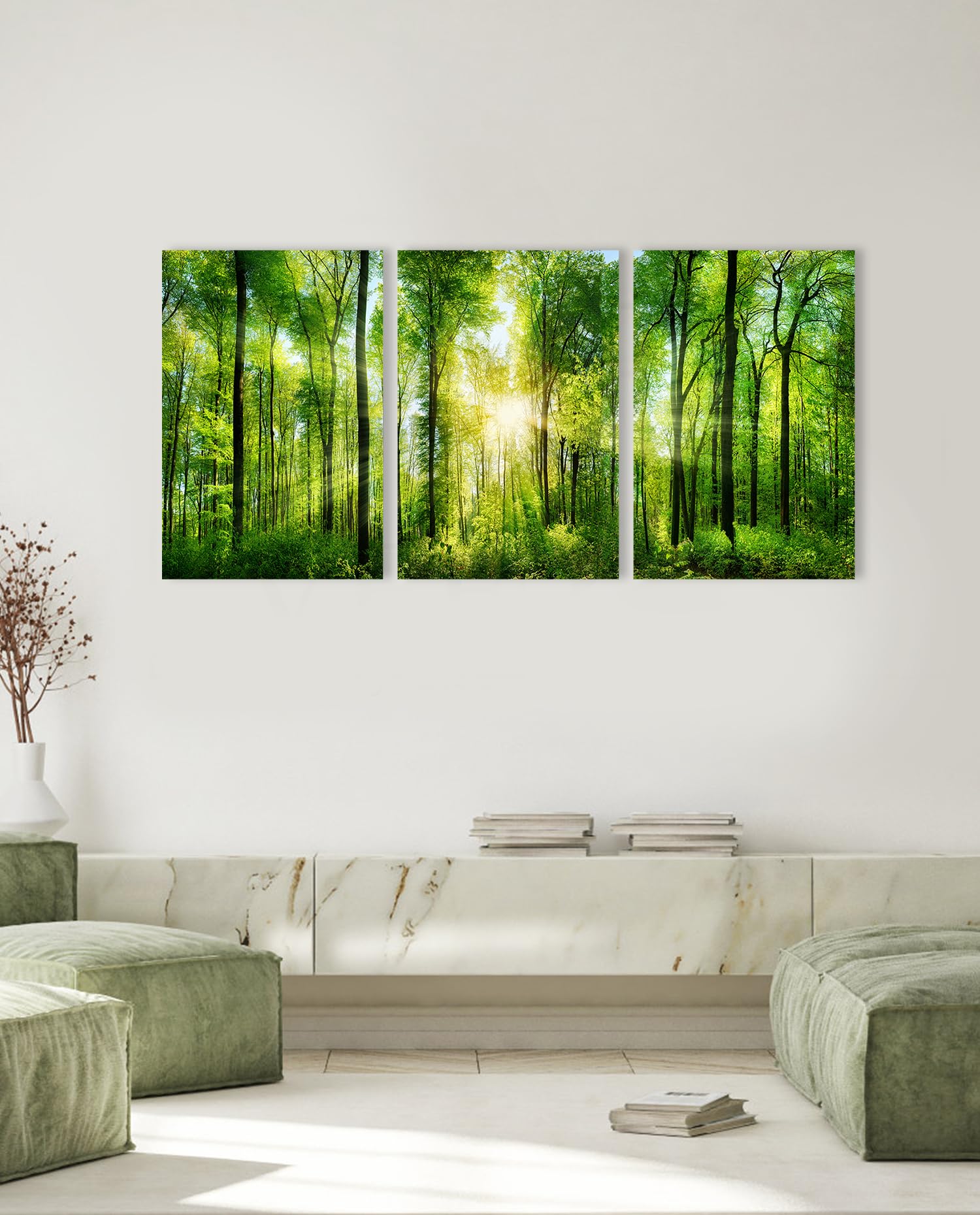 Sunrise Forest Canvas Wall Art,Large Green Trees Landscape Wall Decor 16x24inch 3 Panels Morning Sunshine Framed Scenery Art Painting for Living room,Bedroom,Offic or Hallway