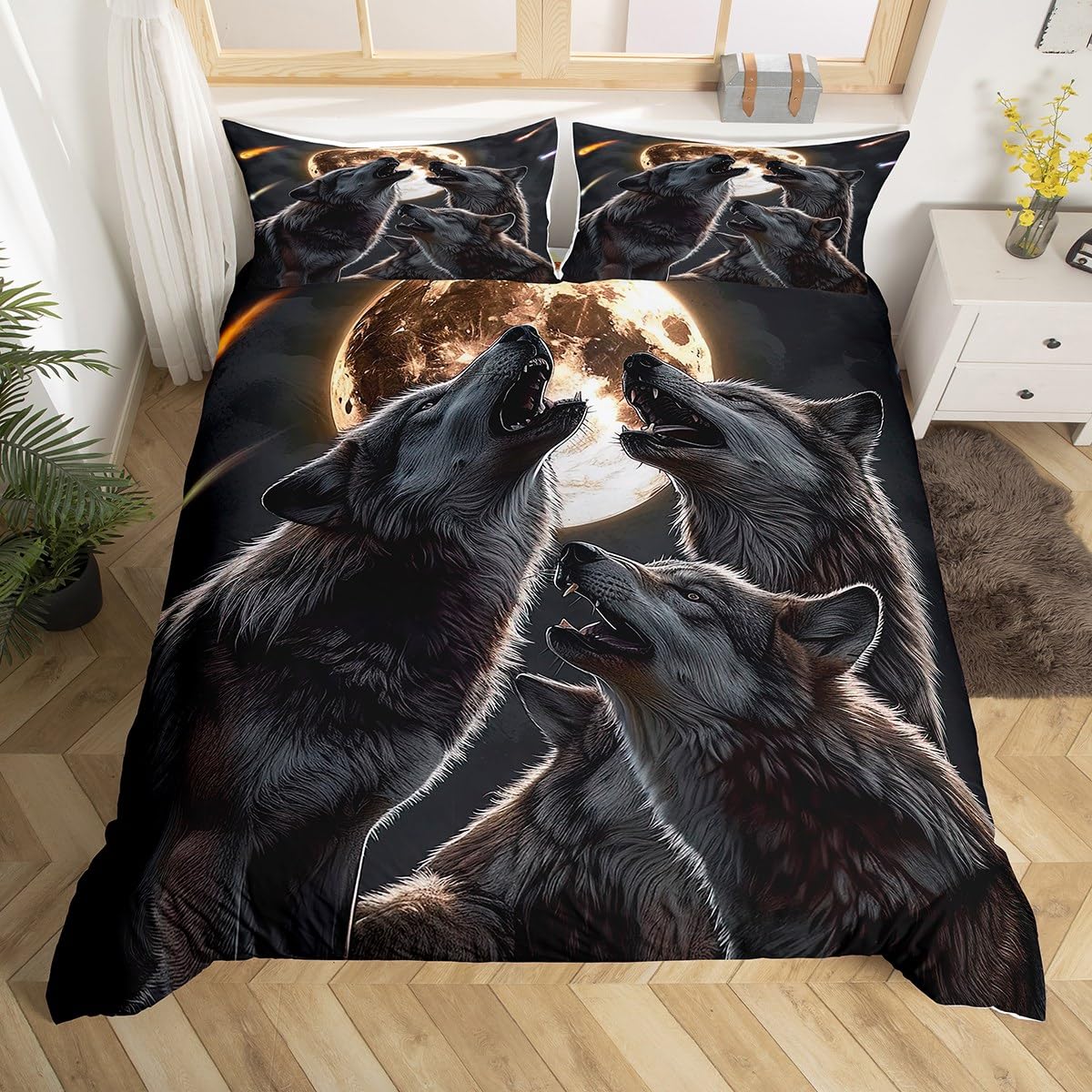 Homewish Wolf Bettbezug 135x200 für Jungen Mädchen Kinder,Galaxy Moon Wolf Bettwäsche Set Goth Zimmer Dekor,Jagd Safari Wildlife Tröster Abdeckung 3D Tier Druck Wölfe Bett Set