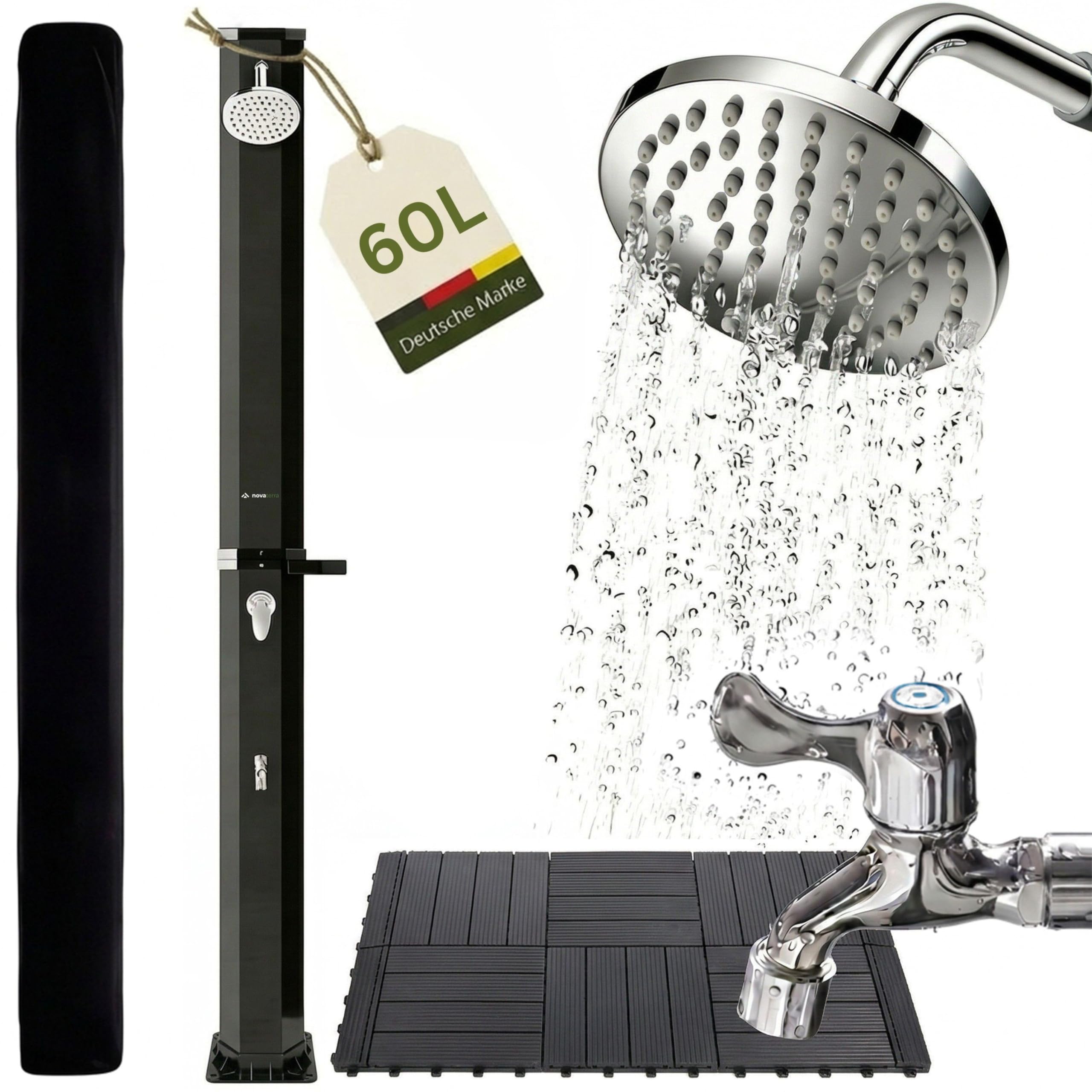 novaterra® Doccia solare nera con serbatoio da 60L - Doccia da giardino e da campeggio con elemento di base, soffione a pioggia, doccia per piedi, copertura protettiva e ripiano, doccia solare da