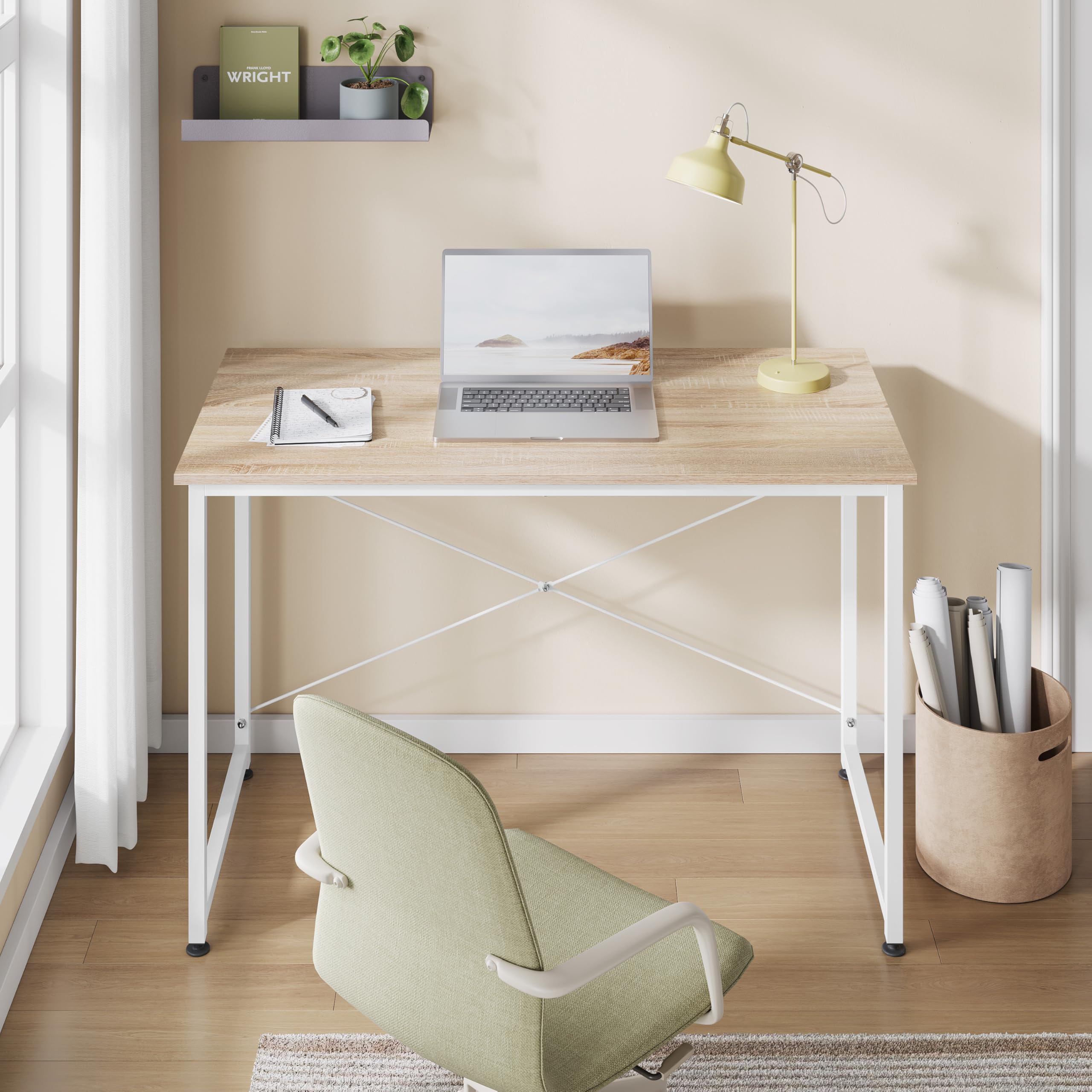 WOLTU Scrivania per Computer Piccola, 100x50 cm, Struttura in Metallo, Salvaspazio, per Ufficio Casa Studio Camera da Letto, in Materiale a Base di Legno, Rovere Chiaro