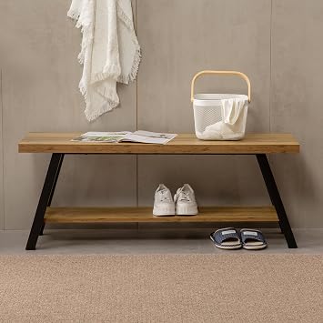 SUNTAGE Entryway Bench, Farmhouse Indoor Entry Way Shoe Benches Seat, Industrial Metal Shoe Storage Bench Organizer for Living Room, Bedroom, Hallway Rustic Oak
