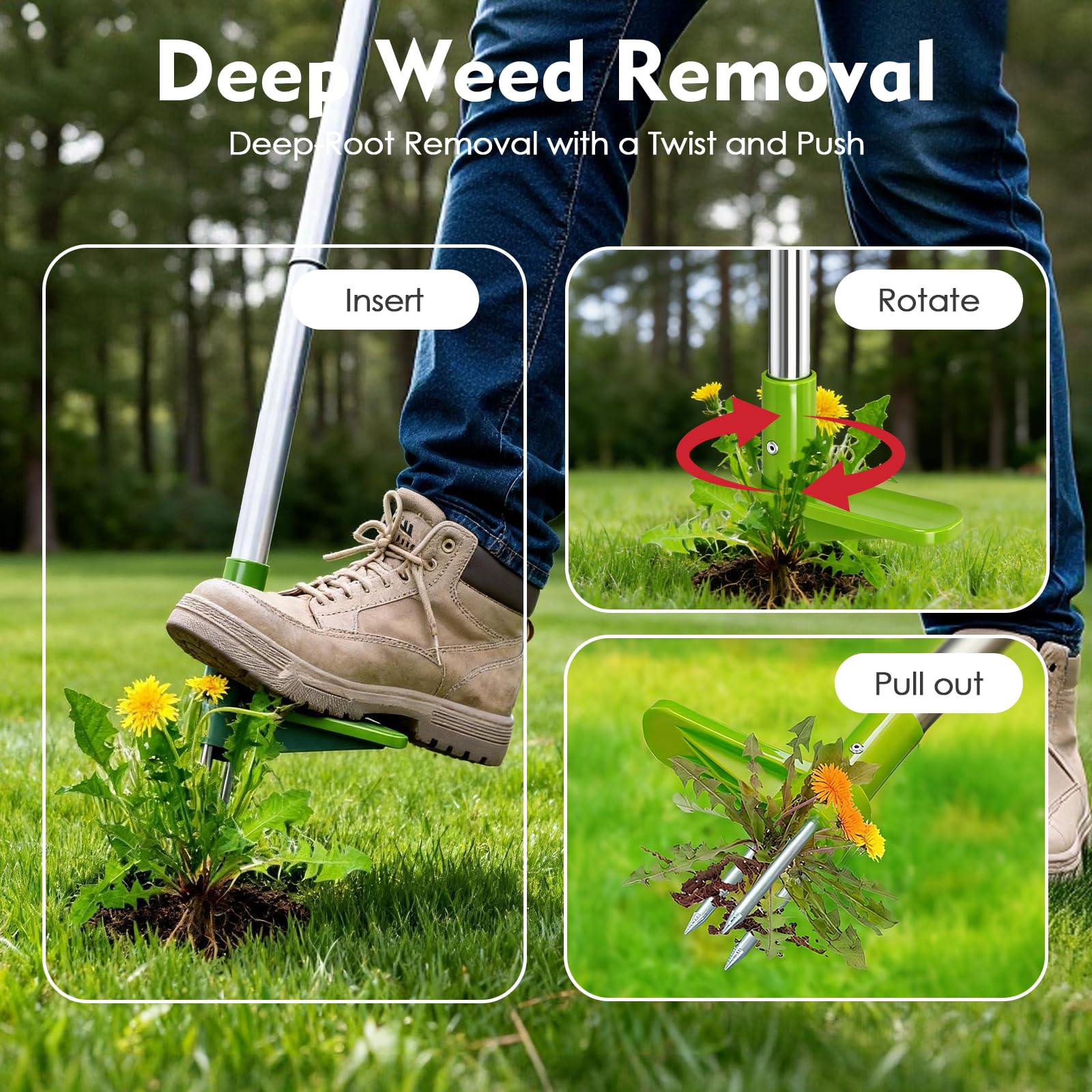 100cm Estirpatore Erbacce da Giardino,Estirpatore in Piedi con 3 Tappi in Acciaio e Pedale,Facile da Rimuovere le Erbacce Senza Piegare,Strumento Giardinaggio Diserbo per Cortile,Prato,Patio