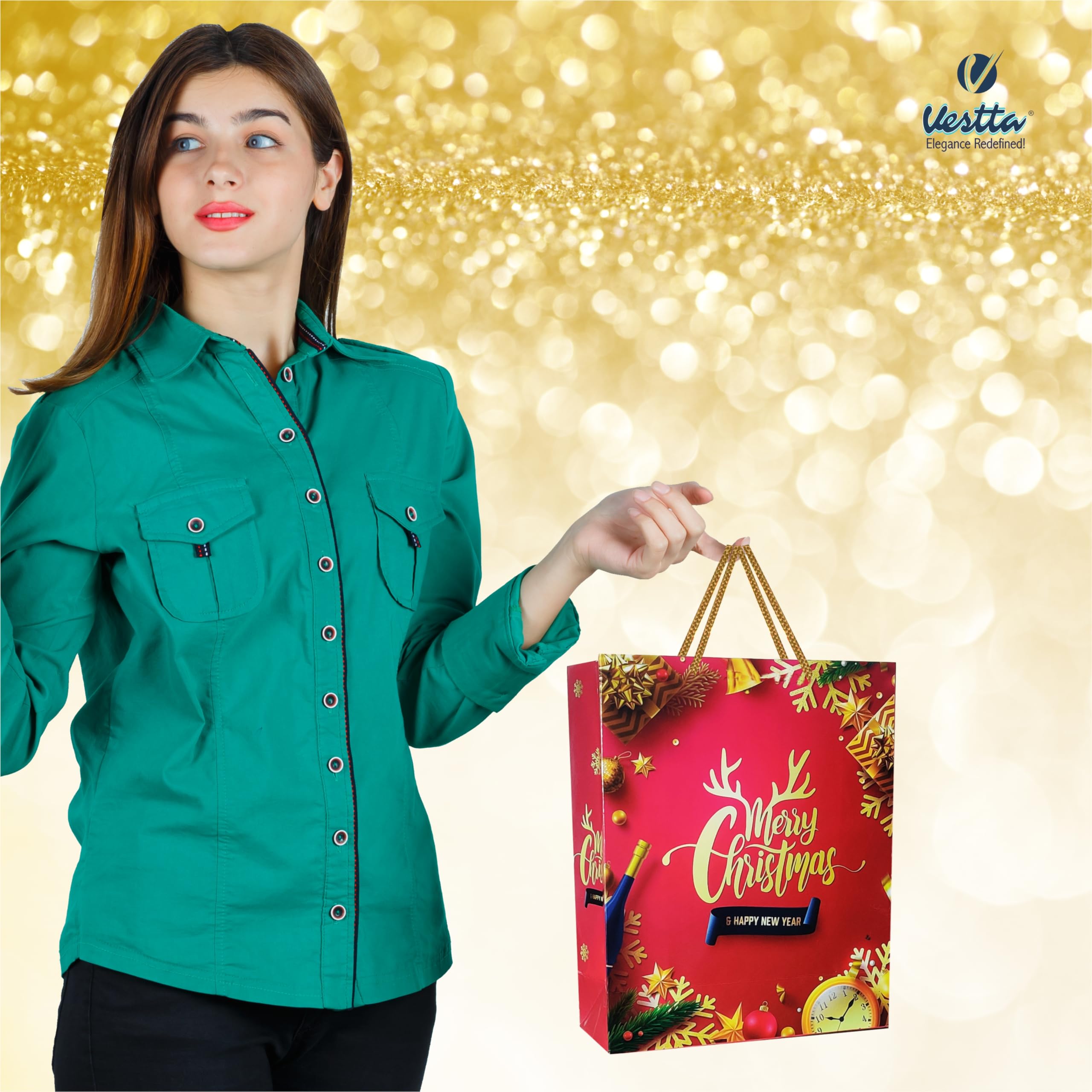 VESTTA -ELEGANCE REDEFINED Gift Paper bag for Christmas Large, 9.65 Inch (L) x 4 Inch (B) x 12 Inch (H), Gloss Laminated, Red Coloured with Merry Christmas written on it with Gift Tags 4