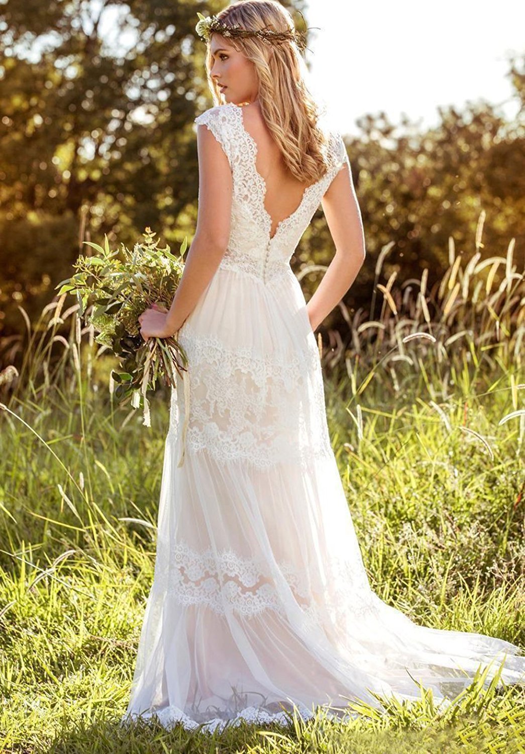 Vestido de Novia de Estilo Bohemio con Cuello V Hueco Y Vestido de Encaje Largo, WYFDMNN, Blanco, 38