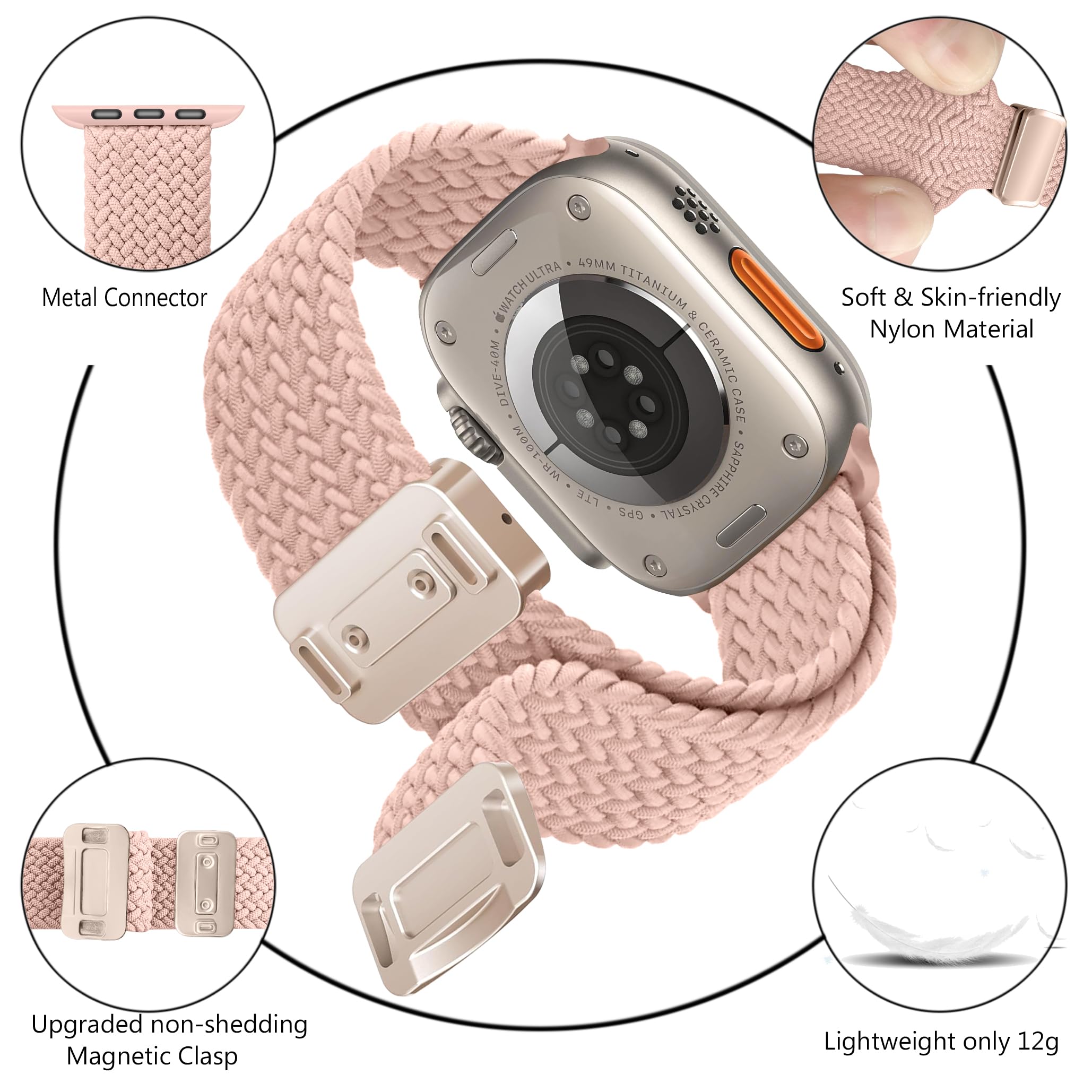 Osber 4 Pack Braided Magnetic Band Compatible with Apple Watch Women Men Kids 41mm 40mm 38mm, Stretchy Nylon Sport Loop Strap for iWatch Ultra 2/1 Series 9 8 SE 7 6 5 4 3 2 1