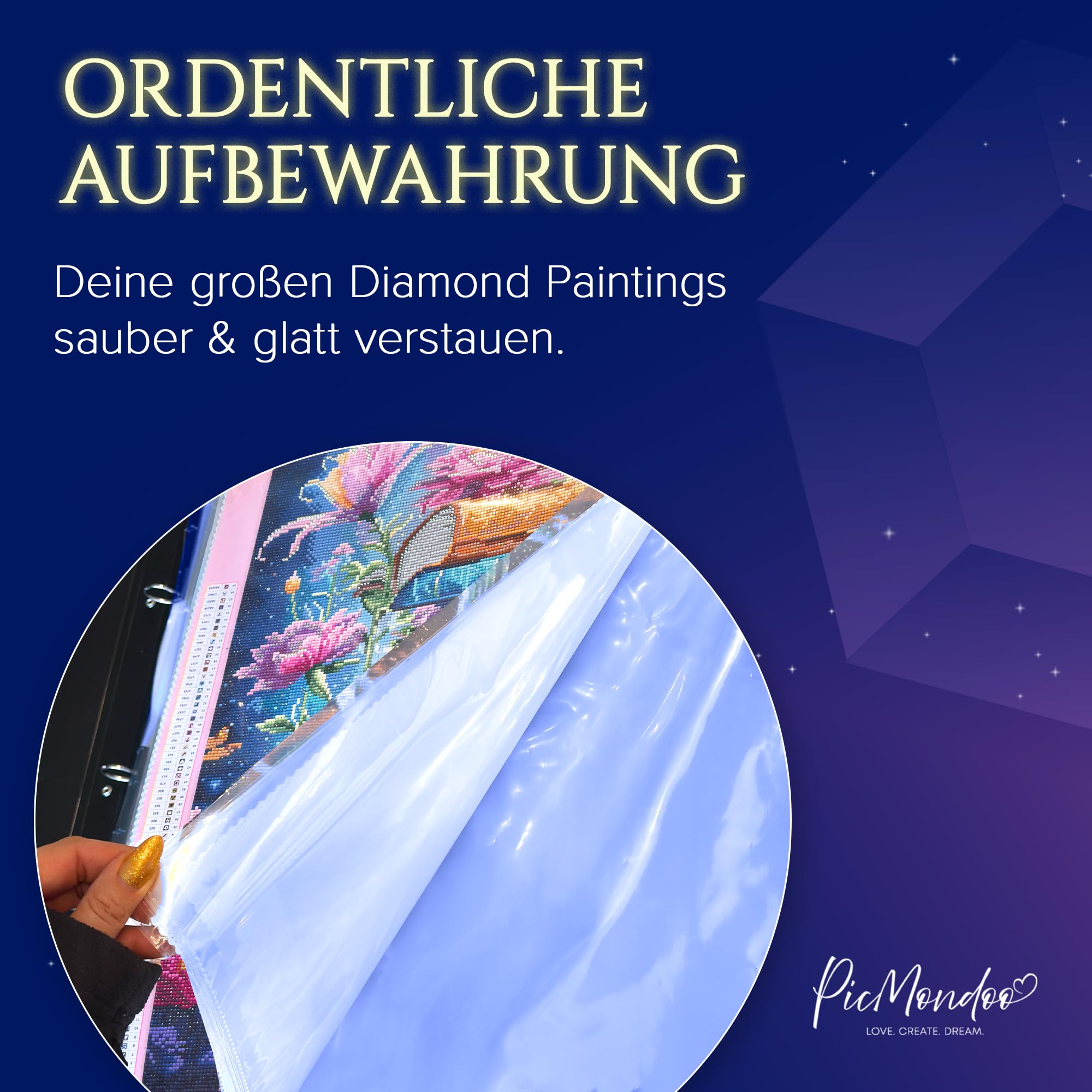 Picmondoo Diamond Painting Sammelmappe A2-80x58cm | 10 Klarsichthüllen für 40x60cm Bilder, schwarze A2-Mappe, erweiterbar & knickfreie Aufbewahrung