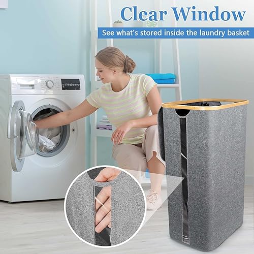 Miniatura 4 de Ranslen Laundry Basket with Lid, 110L XXL-Large Laundry Hamper, Collapsible Dirty Clothes Hamper with Bamboo Handles and Removable Bag, Tall