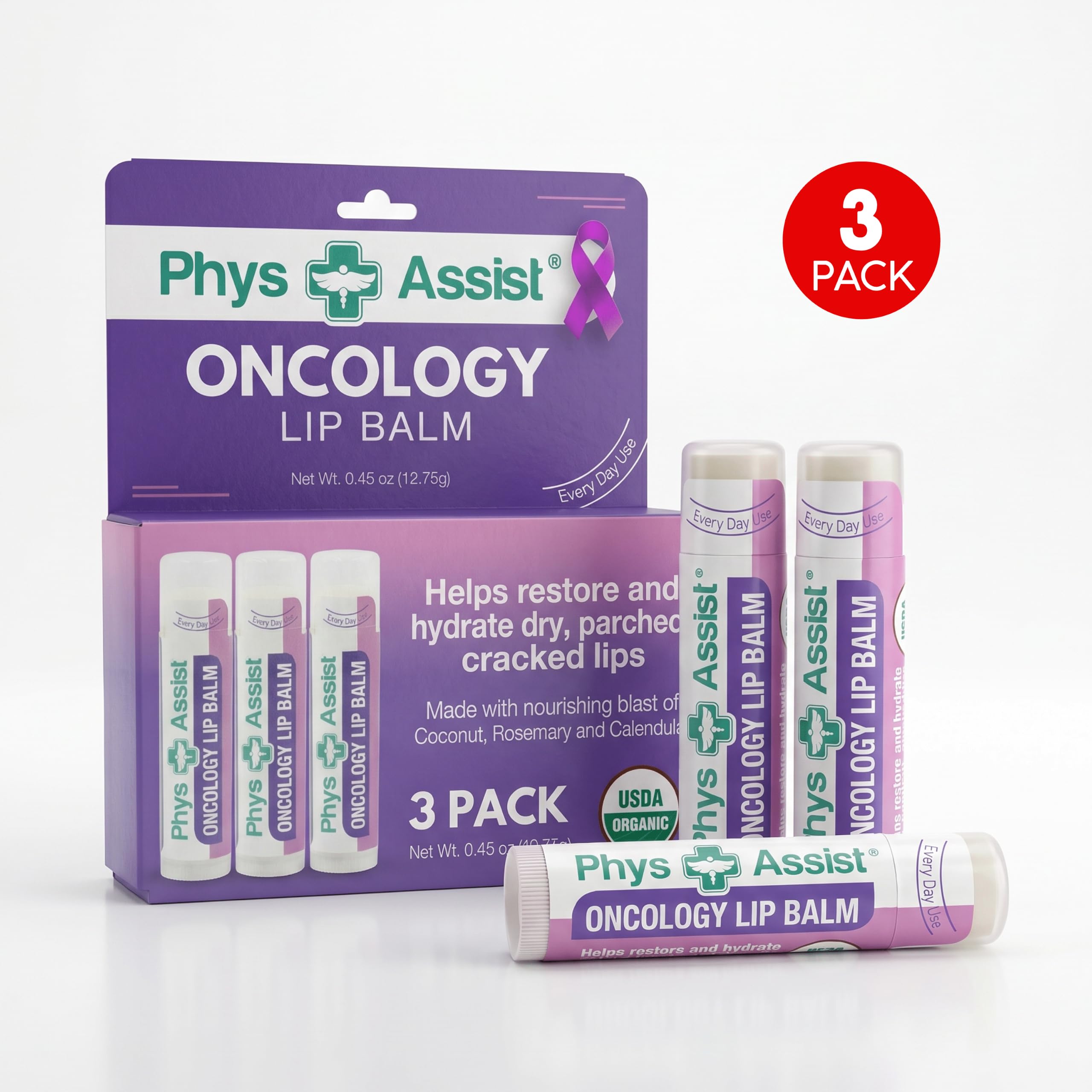 Oncology Lippenbalsam USDA Organic, Hydrate Dry Parched Lip Moisturizing - 3 Pack