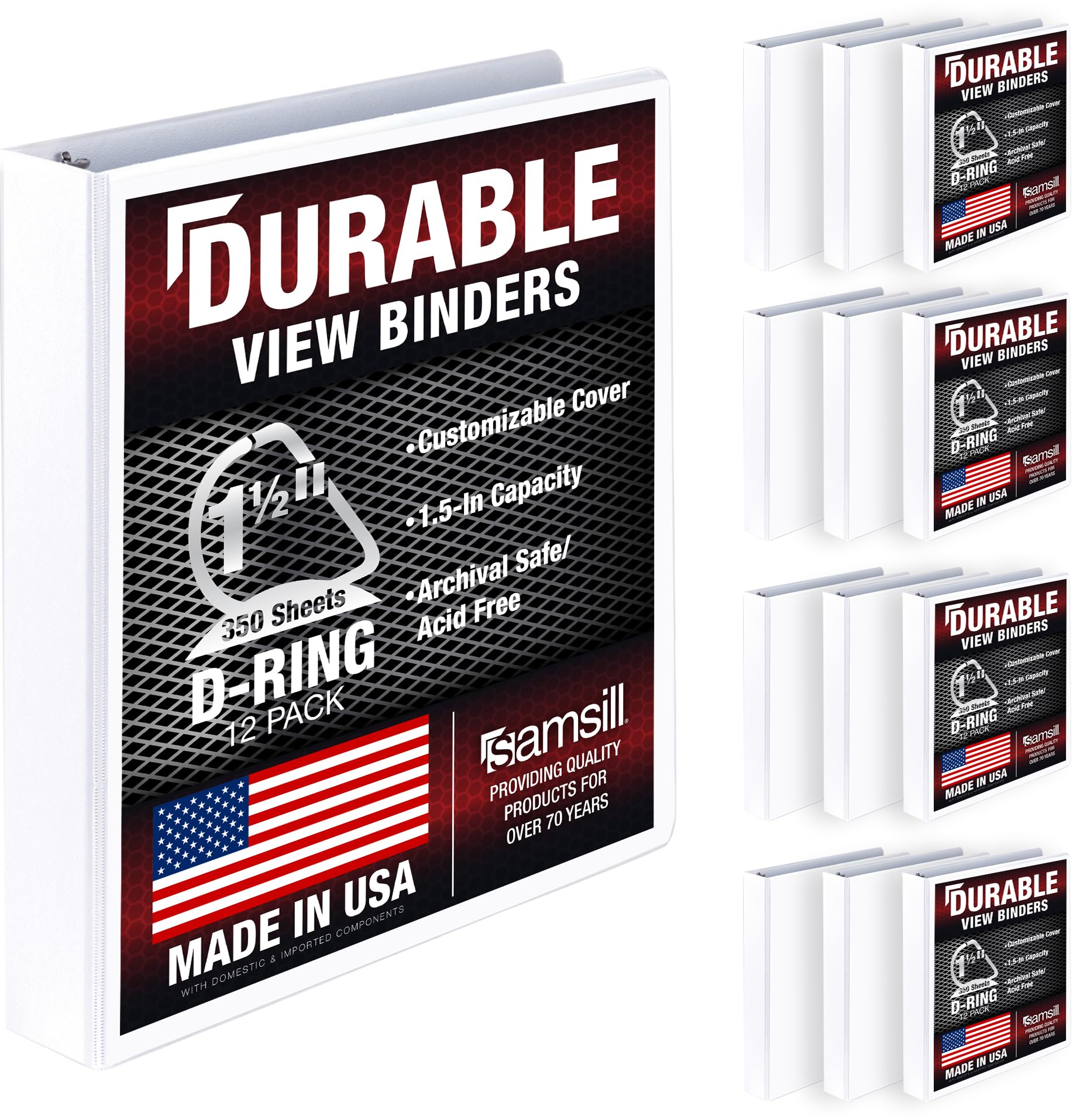 Samsill Durable 1.5 inch 3 Ring Binder, D Ring Binder, 100% Recycled Chipboard, White, 12 Pack