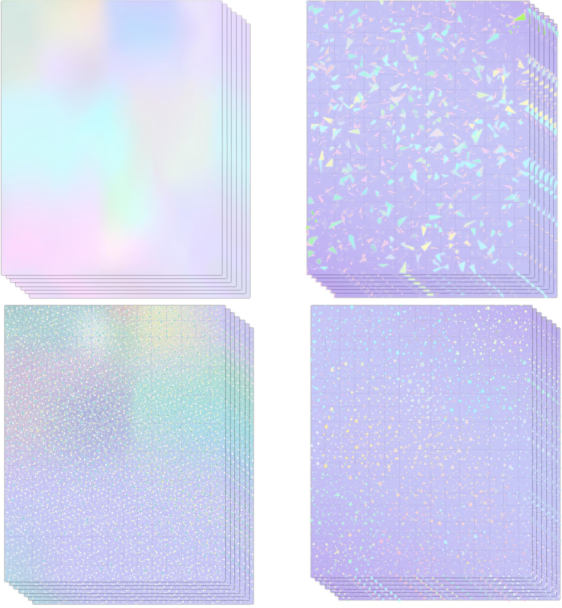 36 Transparent Holographic Laminate Sheets - A4 Waterproof Holographic Sticker Papers, Vinyl Sticker Papers, Self Adhesive Laminating Sheets (Colorful, Gem, Dot, Star)