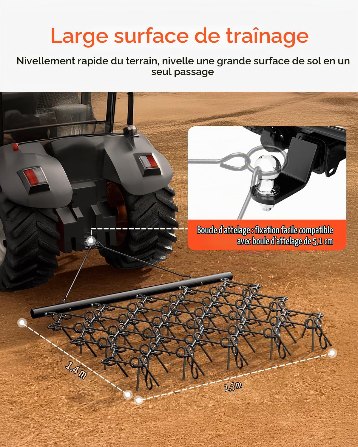 VEVOR Herse Traînée à Chaîne 1780x1470 mm Niveleur d'Allée Acier Q235 avec 60 Dents Acérées, Nivellement de Paysage, Préparation de Gazon, Remorquable pour Tracteur, VTT, UTV, Allée Gravier, Ferme