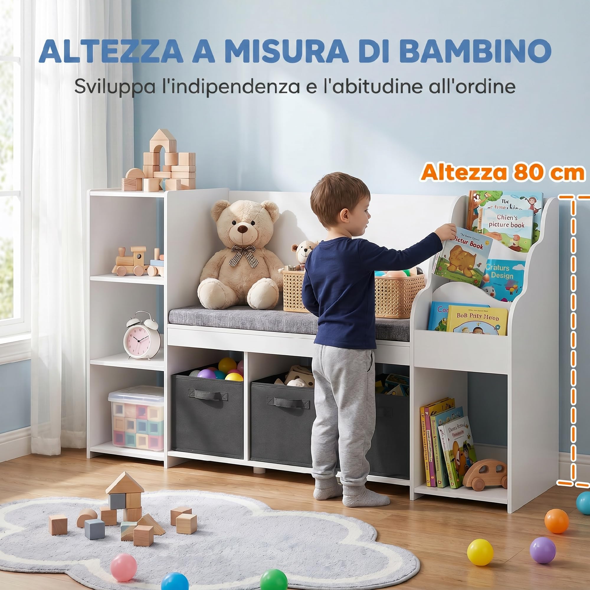 AIYAPLAY Scaffale Portagiochi Bambini, Libreria Montessoriana per Bambini in Legno 3-8 Anni con Libreria a 3 Livelli, 3 Cassetti in Tessuto, 4 Scomparti, Cuscino, per Cameretta, 137x40x80cm, Bianco