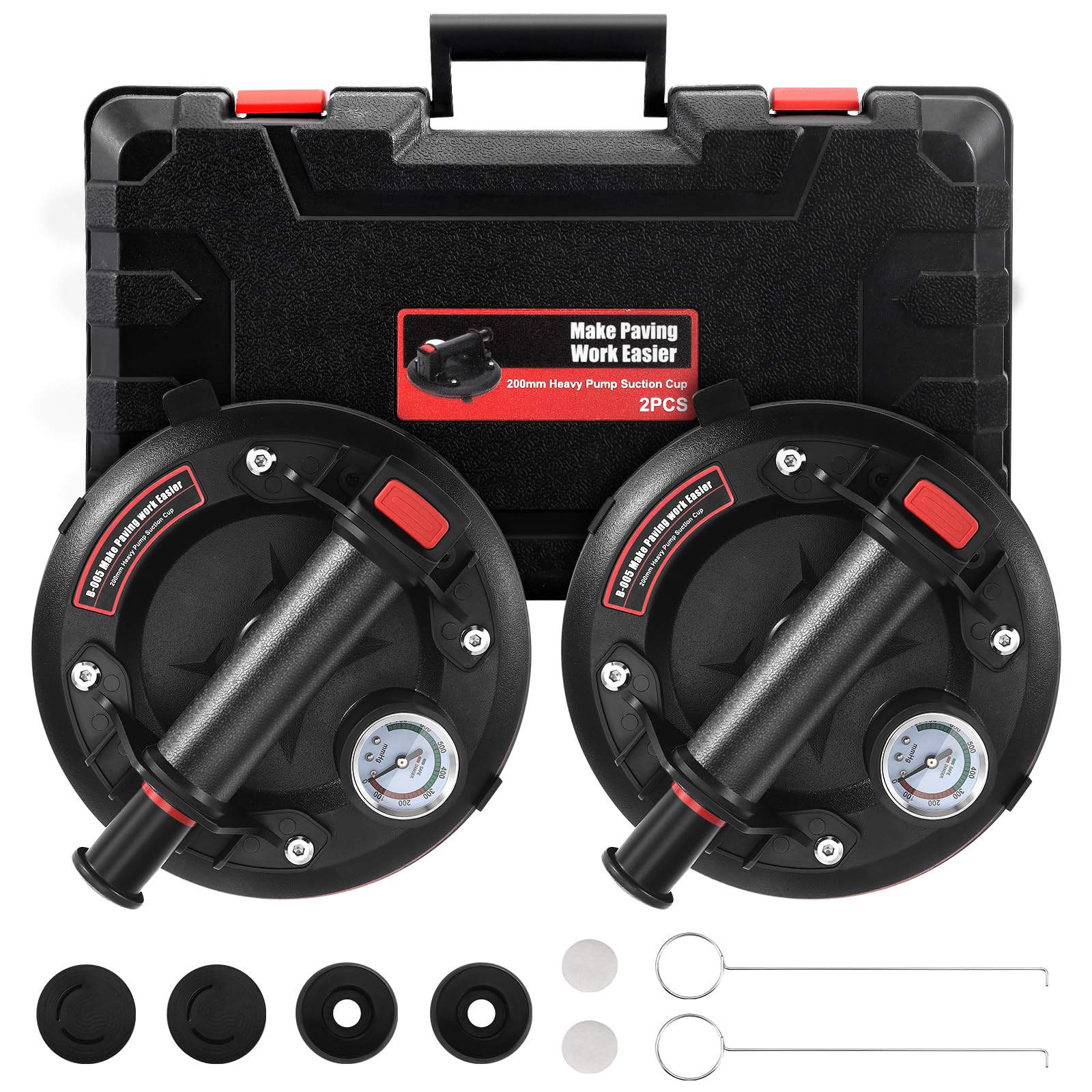 2 Pcs Vacuum Suction Cups,Heavy Duty Glass Suckers Lifters with Pressure Gauge for Tile Granite Lifting Window Replacement, 8'' Glass Suckers Lifters,Window Suckers for Glass 300KG