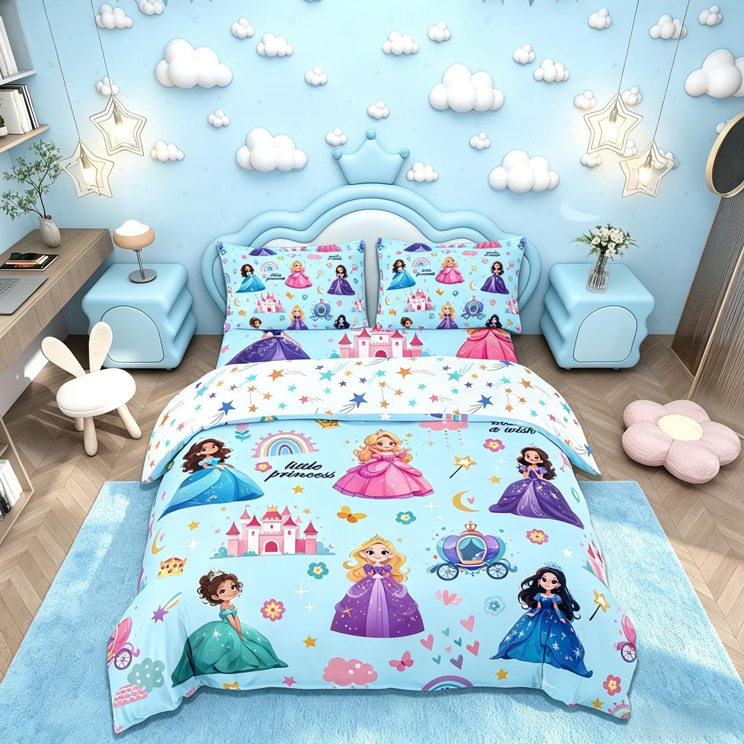 Loussiesd Cute Princess Bedding Set King Size Castle Duvet Cover for Kids Teens Adults Fairy Dreamy Rainbow Flower Comforter Cover Blue Room Decor 3Pcs With 2 Pillow Case All Season Soft โ image 1