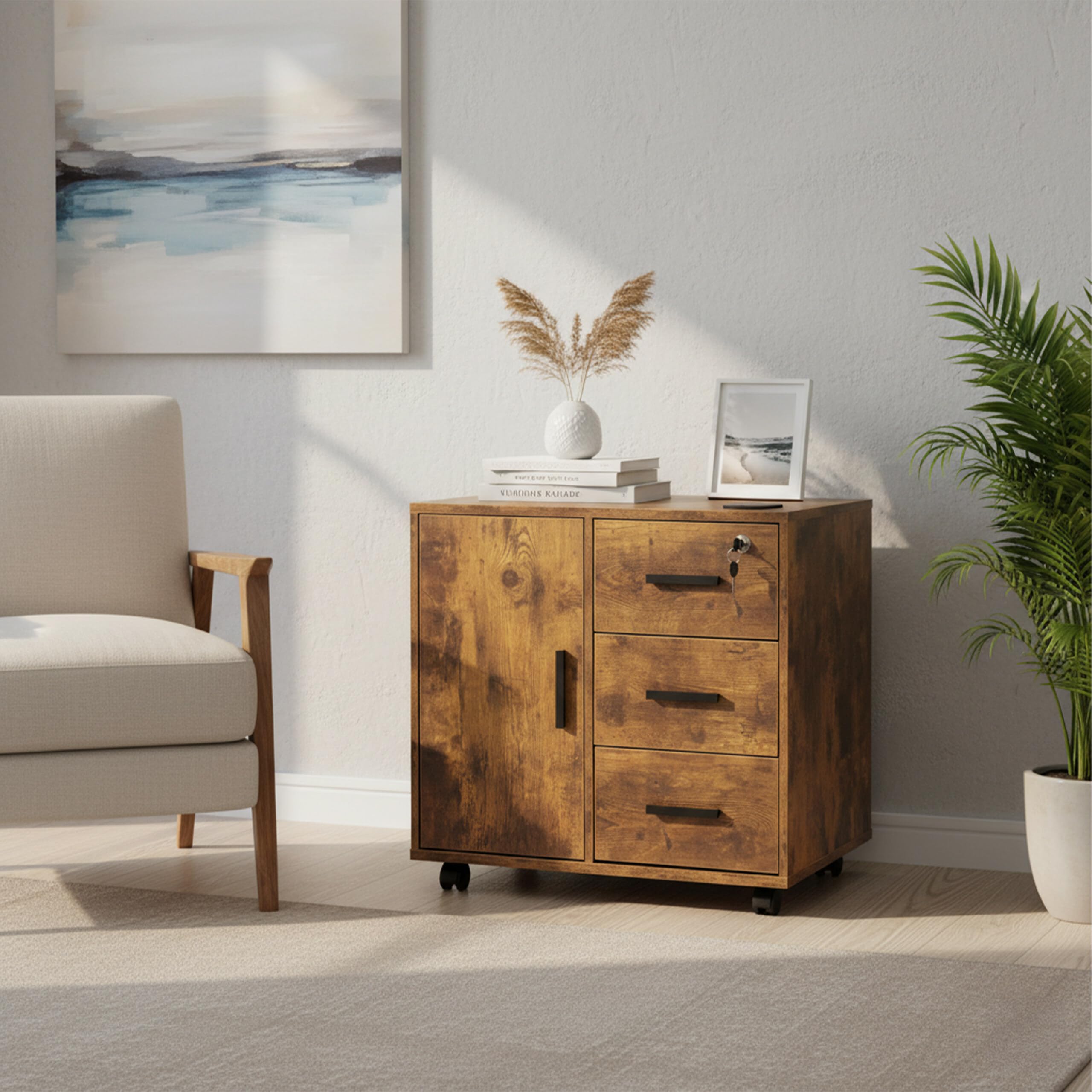 Relaxdays archivador con Ruedas, 3 cajones, 2 Puertas, Cerradura, marrón Vintage, 57x60x40 cm