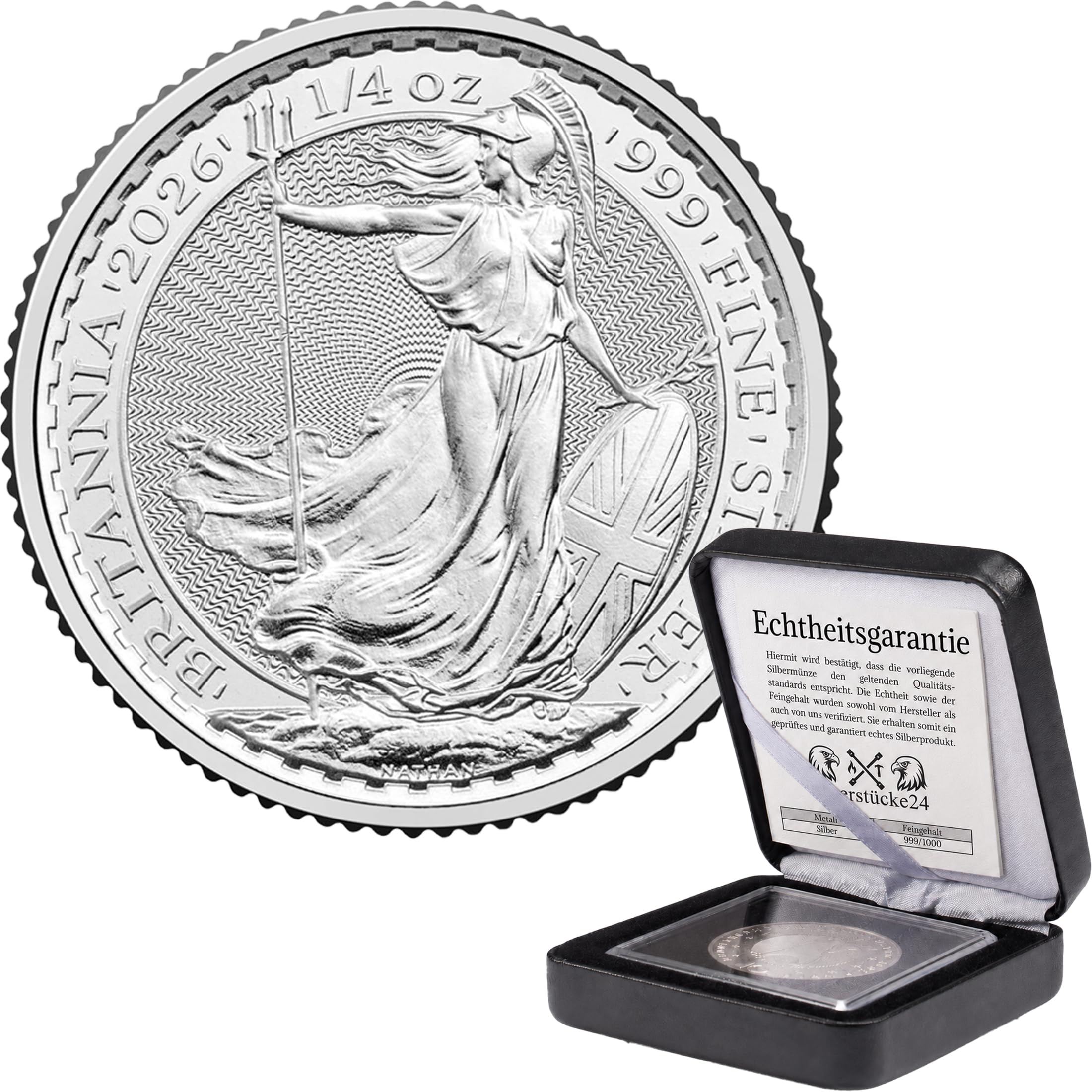 Silbermünze Britannia | Aktueller Jahrgang | Feinsilber 999 | In Münzkapsel & schwarzem Etui | Inkl. Grußkarte und Echtheitsgarantie (1/4 oz)