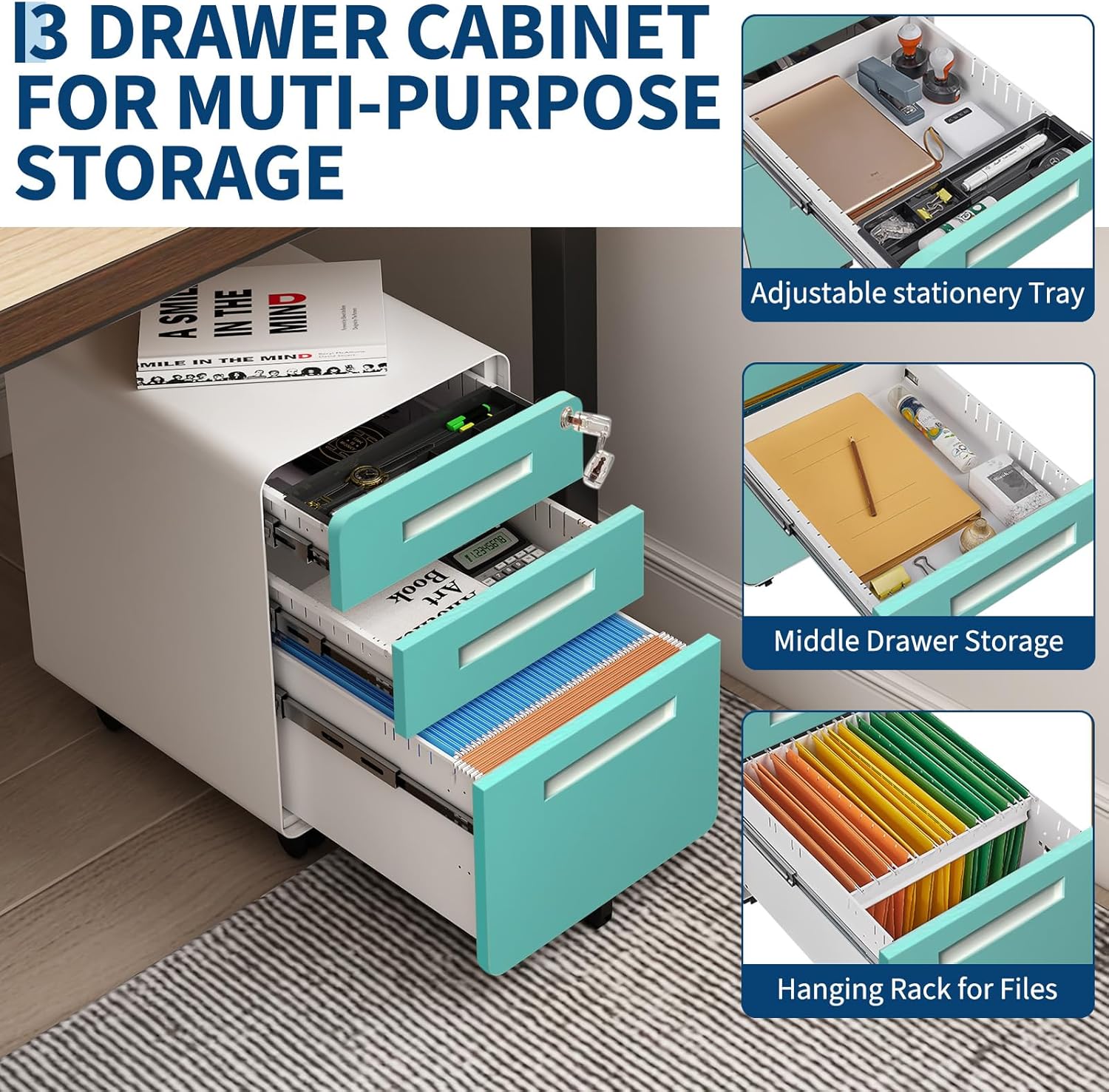 Fully Assembled 3 Drawer Metal File Cabinet with Lock, Mobile Rolling Filing Cabinet for Letter/Legal/A4/F4 Size, Heavy Duty Under Desk Storage Organizer for Home Office, Secure Steel Pedestal