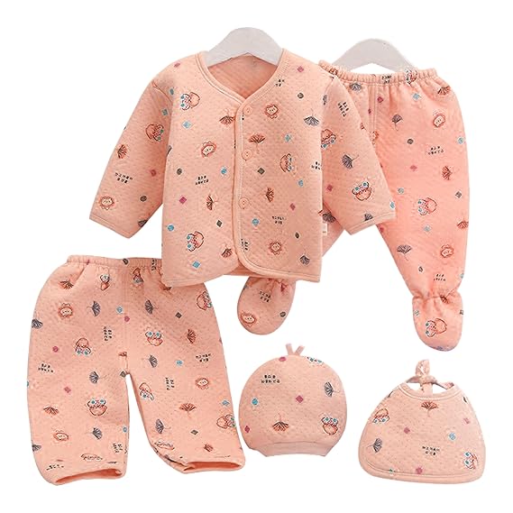 GURU KRIPA BABY PRODUCTS New Born Baby Winter Wear Keep Warm Cartoon Printing Baby Clothes Cotton Baby Boys Girls Unisex Baby Fleece/Falalen Suit Infant Clothes 5 Pcs Sets for 0-3 Months