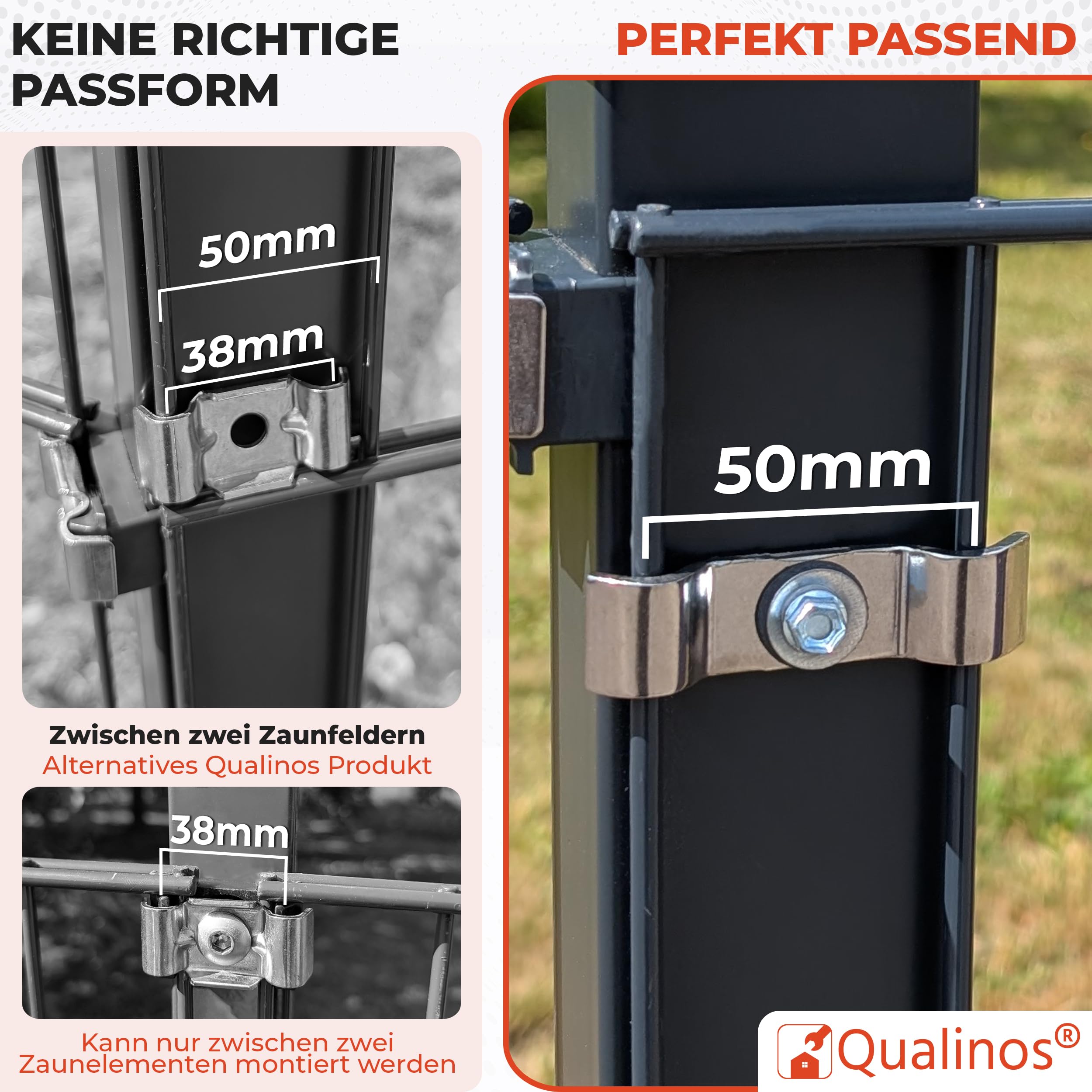 10x Doppelstabmattenzaun Befestigung Zubehör Typ Spannbügel 50mm aus V2A. Zaunhalter Edelstahl zur Zaunbefestigung. Stabmattenzaun Zubehör Zaun Halterung. Made in Germany
