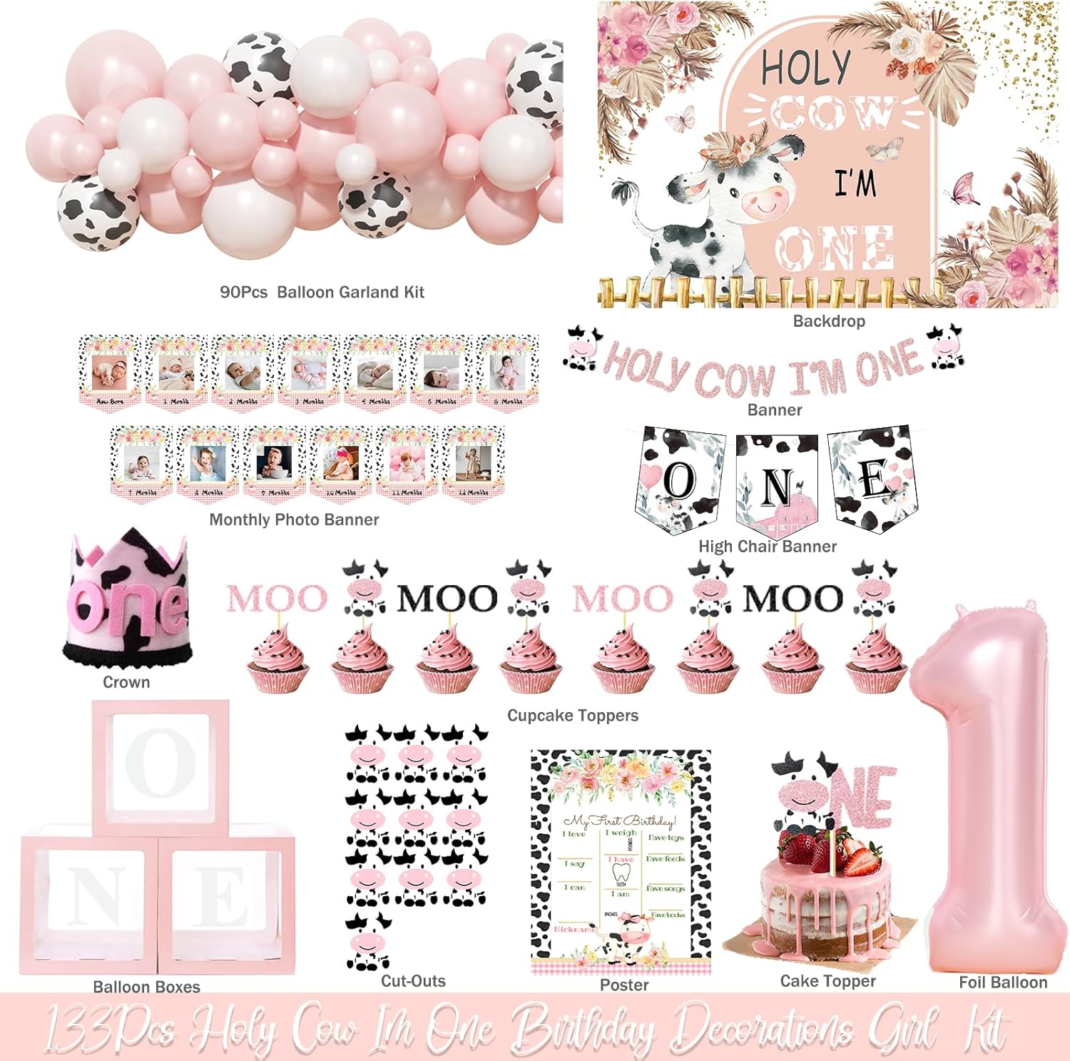 Hombae Holy Cow Im One Birthday Decorations Girl, Cow First Party Decorations, Pink Moo Backdrop Balloon Banners Cutout Cake Cupcake Topper Box Crown Poster for Girls Pink 1st Birthday Supplies