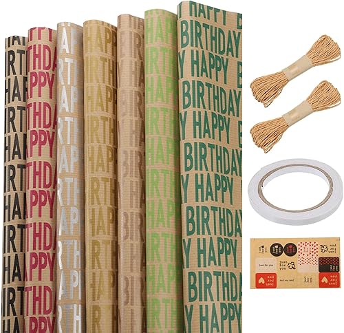 MECCANIXITY Hoja de papel de regalo de cumpleaños, multicolor de 20 x 28 pulgadas con cinta, cinta adhesiva de doble cara, papel de regalo adhesivo,